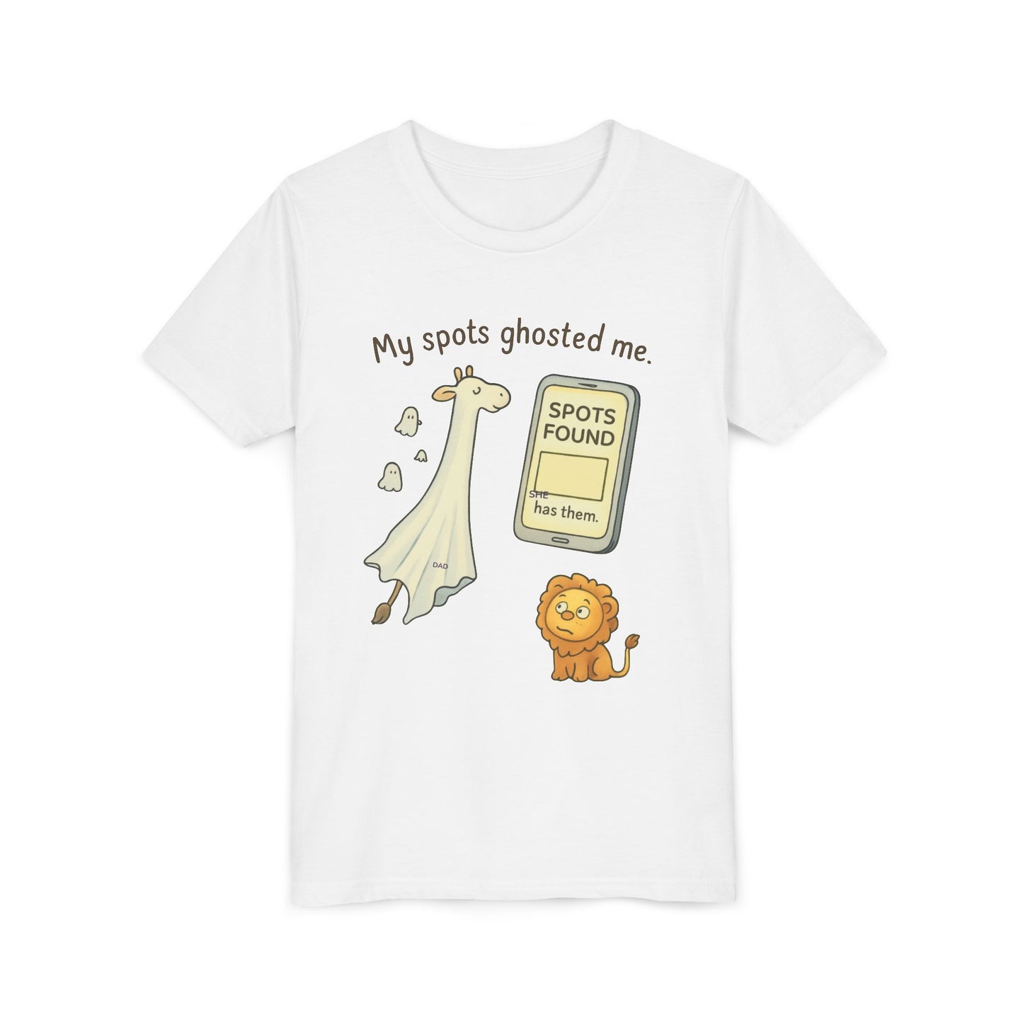 Whimsical Youth Tee - "My Spots Ghosted Me" Design, Funny Kids Shirt, Giraffe & Lion Graphic, Gift for Birthdays, Playdates, Animal Lovers