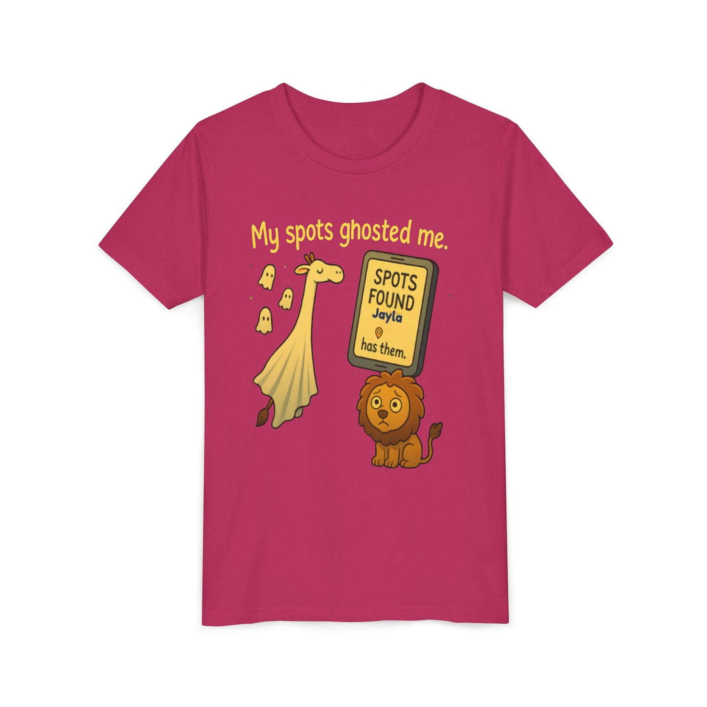 Copy of Whimsical Youth Tee - "My Spots Ghosted Me" Design, Funny Kids Shirt, Giraffe & Lion Graphic, Gift for Birthdays, Playdates, Animal Lovers