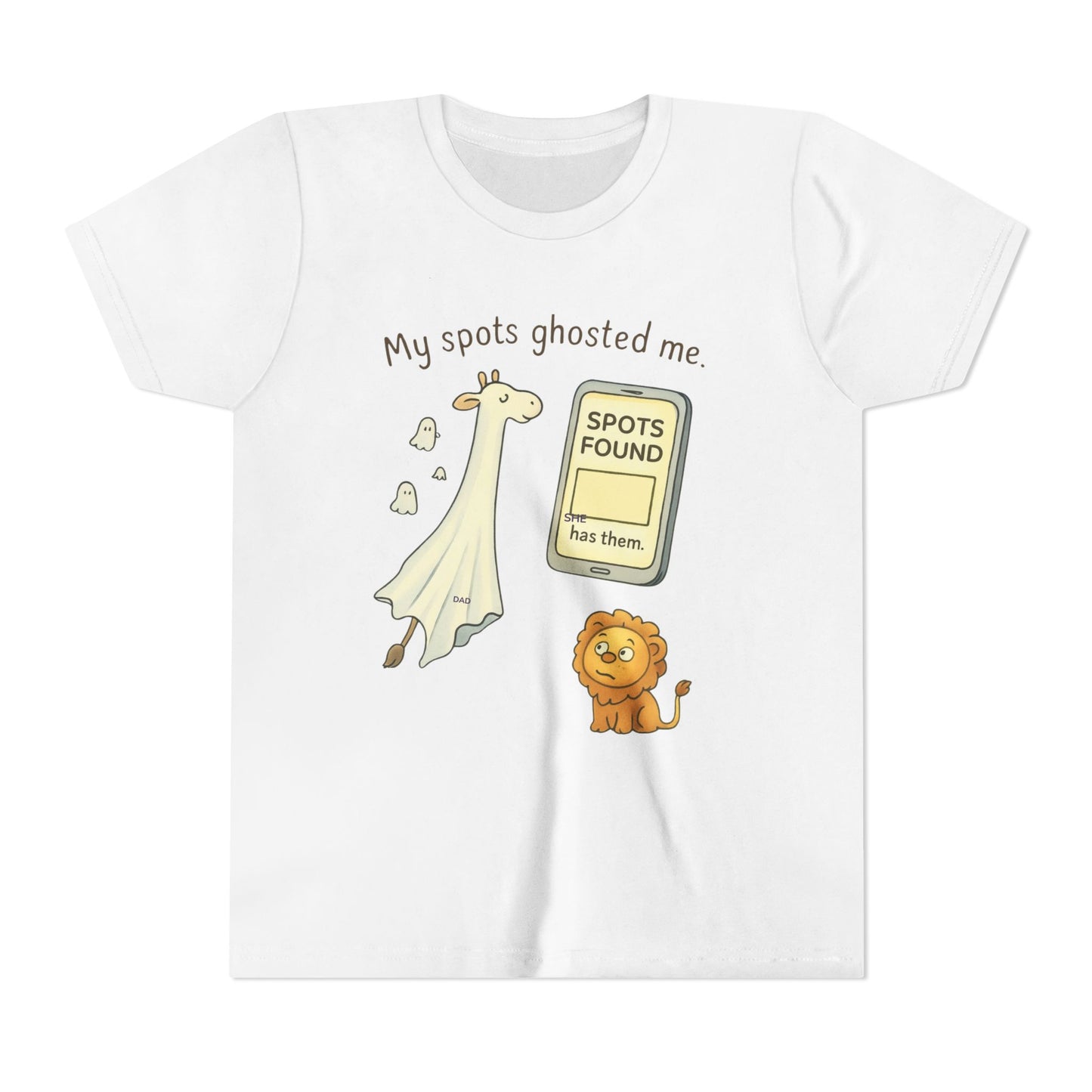 Whimsical Youth Tee - "My Spots Ghosted Me" Design, Funny Kids Shirt, Giraffe & Lion Graphic, Gift for Birthdays, Playdates, Animal Lovers