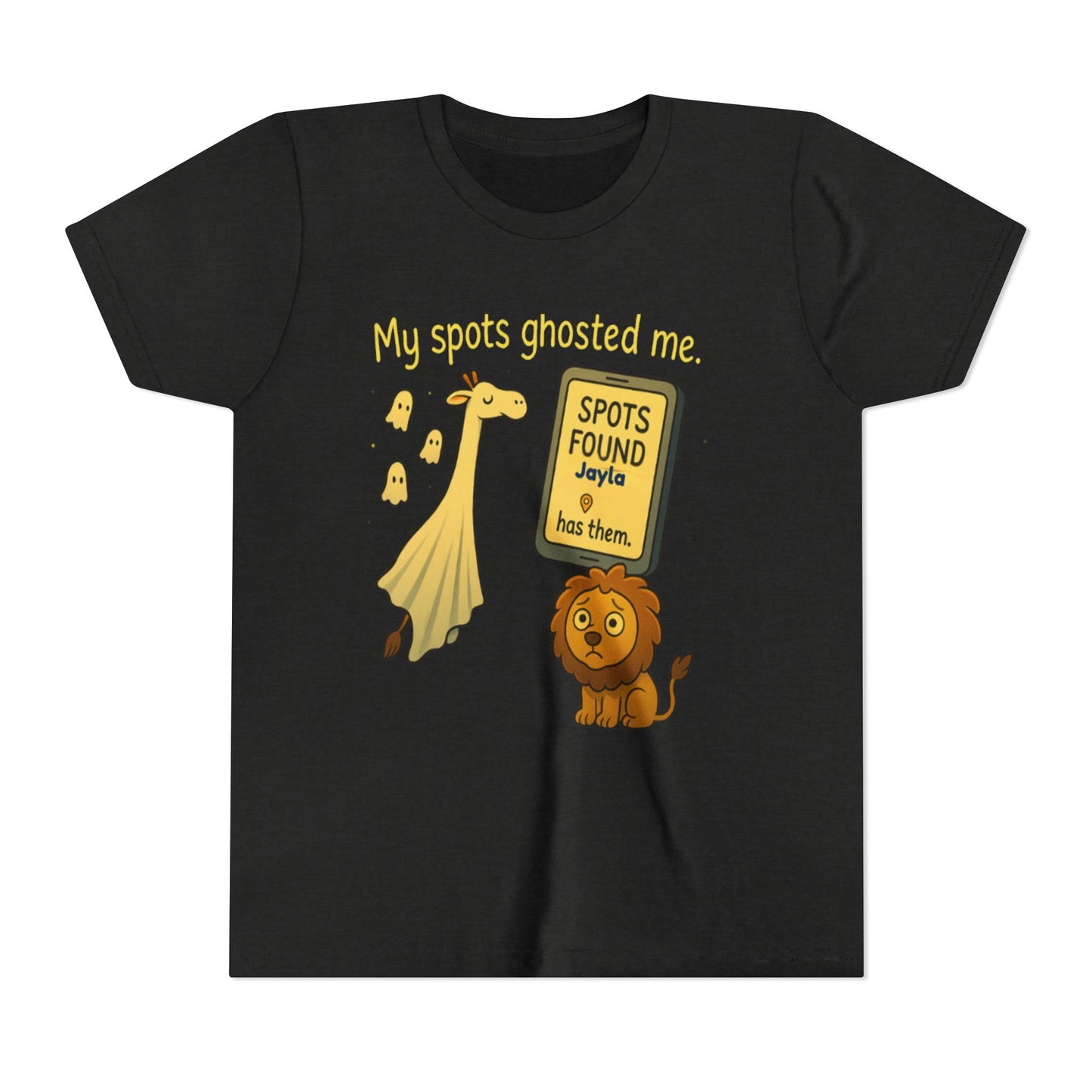 Copy of Whimsical Youth Tee - "My Spots Ghosted Me" Design, Funny Kids Shirt, Giraffe & Lion Graphic, Gift for Birthdays, Playdates, Animal Lovers