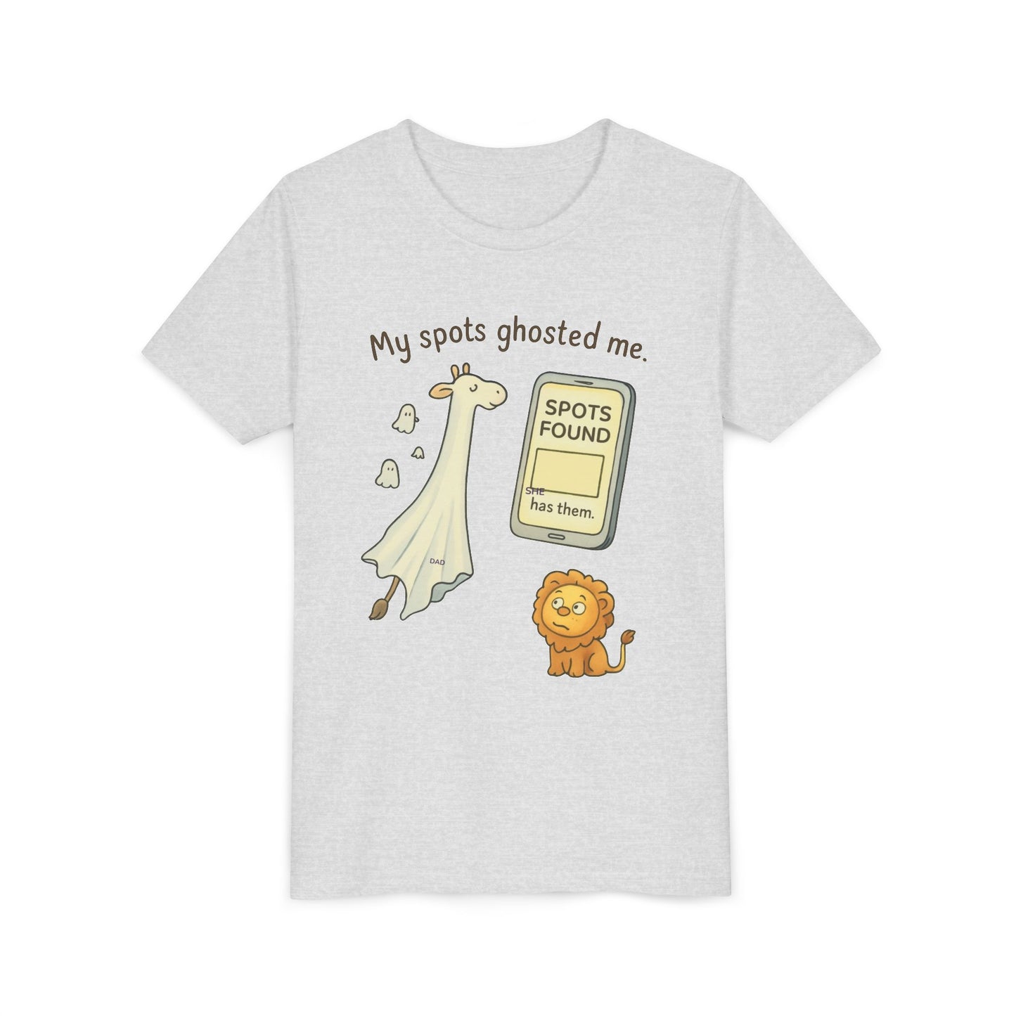 Whimsical Youth Tee - "My Spots Ghosted Me" Design, Funny Kids Shirt, Giraffe & Lion Graphic, Gift for Birthdays, Playdates, Animal Lovers