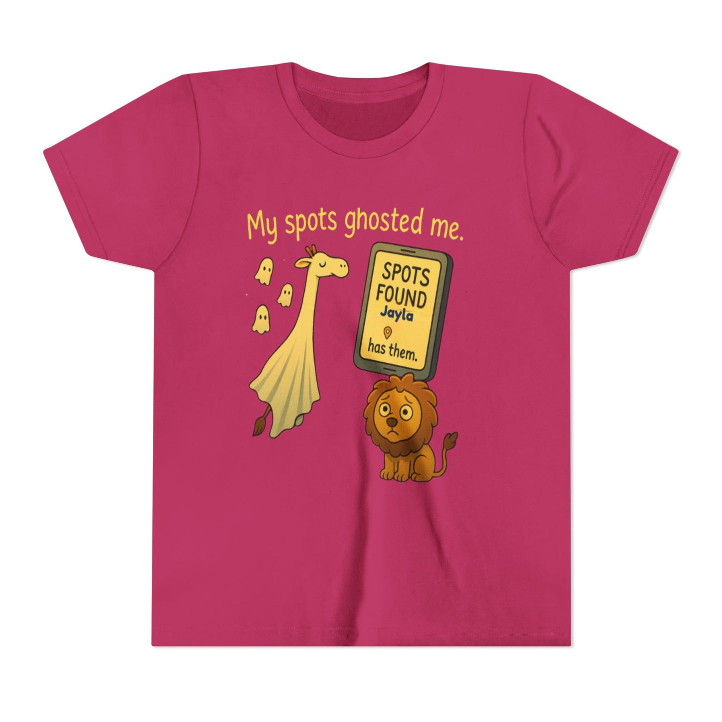 Copy of Whimsical Youth Tee - "My Spots Ghosted Me" Design, Funny Kids Shirt, Giraffe & Lion Graphic, Gift for Birthdays, Playdates, Animal Lovers