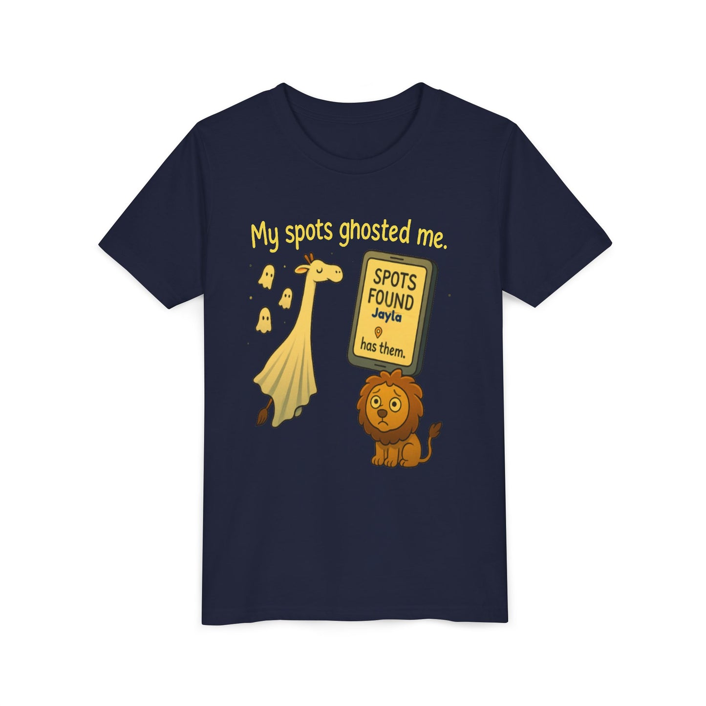Copy of Whimsical Youth Tee - "My Spots Ghosted Me" Design, Funny Kids Shirt, Giraffe & Lion Graphic, Gift for Birthdays, Playdates, Animal Lovers