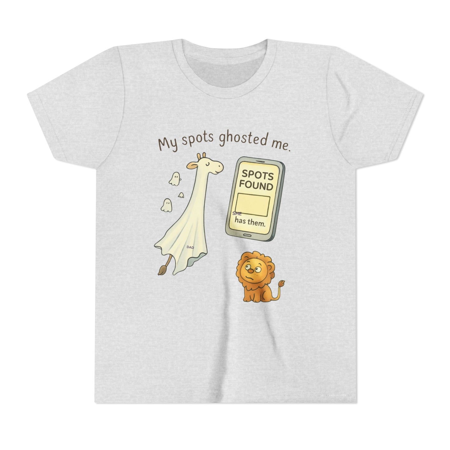 Whimsical Youth Tee - "My Spots Ghosted Me" Design, Funny Kids Shirt, Giraffe & Lion Graphic, Gift for Birthdays, Playdates, Animal Lovers