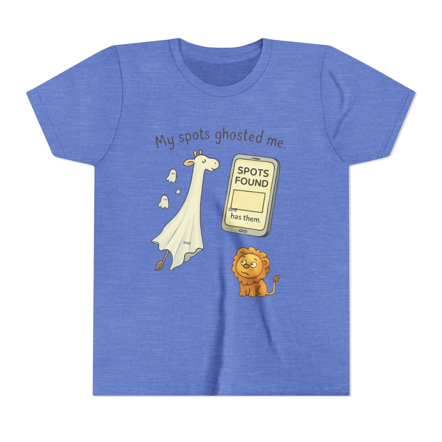 Whimsical Youth Tee - "My Spots Ghosted Me" Design, Funny Kids Shirt, Giraffe & Lion Graphic, Gift for Birthdays, Playdates, Animal Lovers