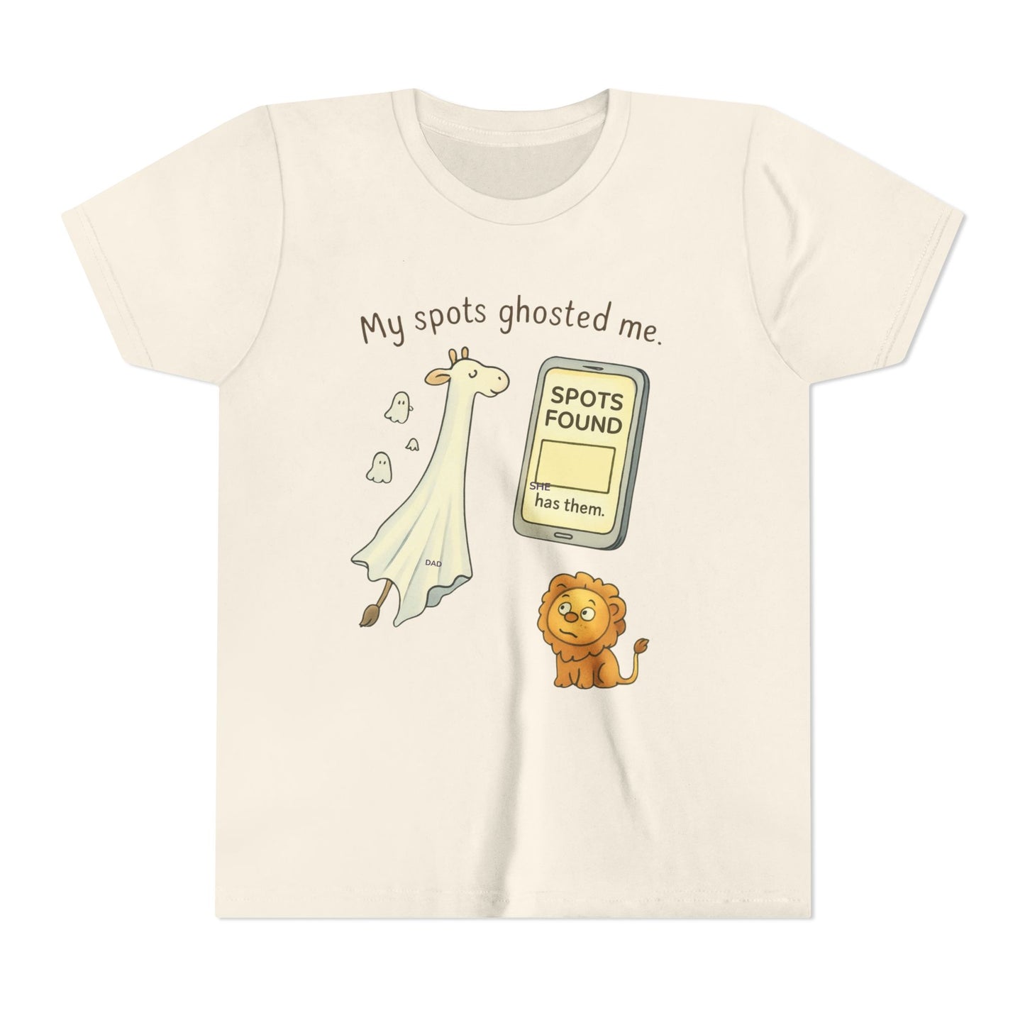 Whimsical Youth Tee - "My Spots Ghosted Me" Design, Funny Kids Shirt, Giraffe & Lion Graphic, Gift for Birthdays, Playdates, Animal Lovers
