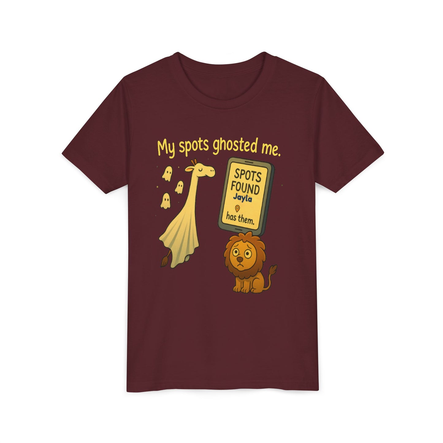 Copy of Whimsical Youth Tee - "My Spots Ghosted Me" Design, Funny Kids Shirt, Giraffe & Lion Graphic, Gift for Birthdays, Playdates, Animal Lovers