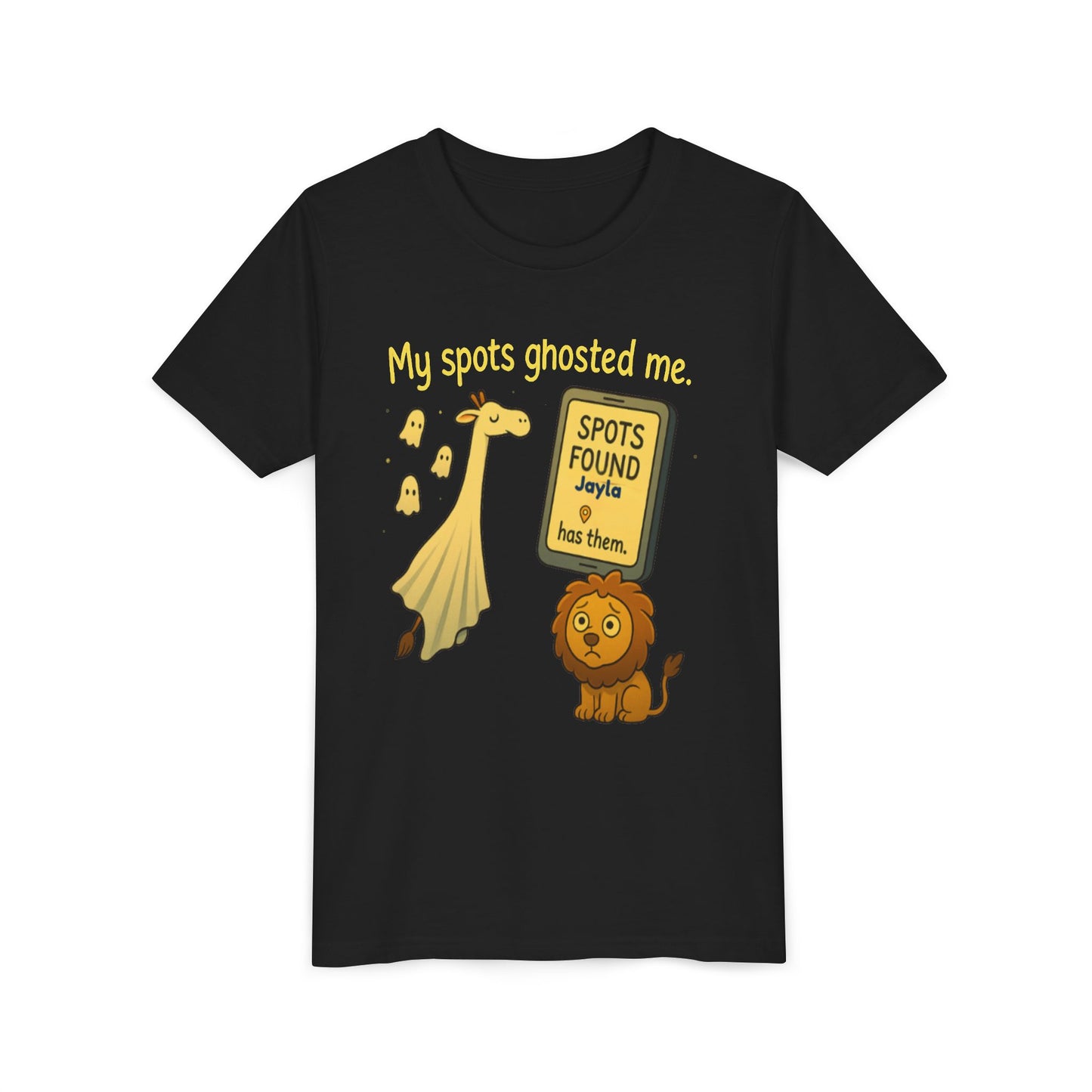 Copy of Whimsical Youth Tee - "My Spots Ghosted Me" Design, Funny Kids Shirt, Giraffe & Lion Graphic, Gift for Birthdays, Playdates, Animal Lovers