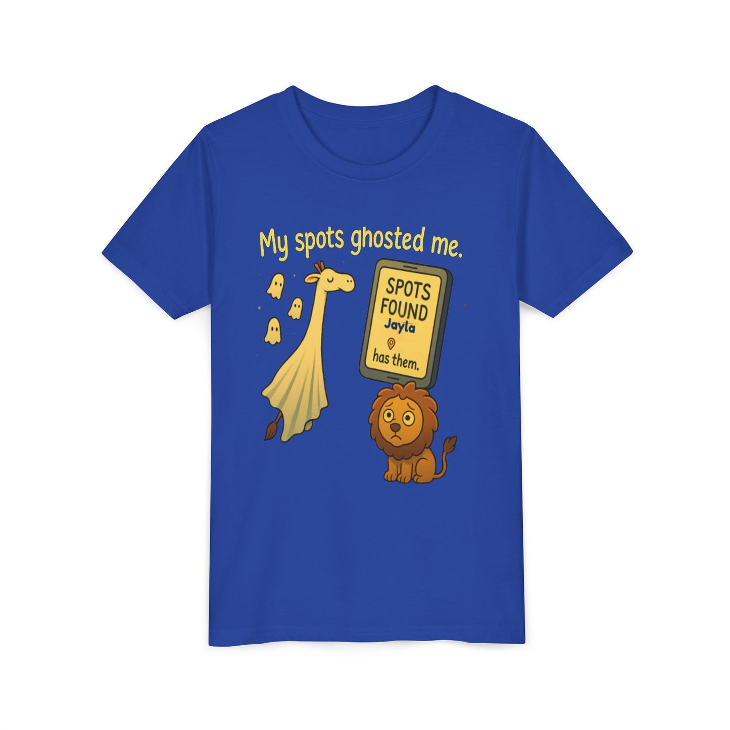 Copy of Whimsical Youth Tee - "My Spots Ghosted Me" Design, Funny Kids Shirt, Giraffe & Lion Graphic, Gift for Birthdays, Playdates, Animal Lovers