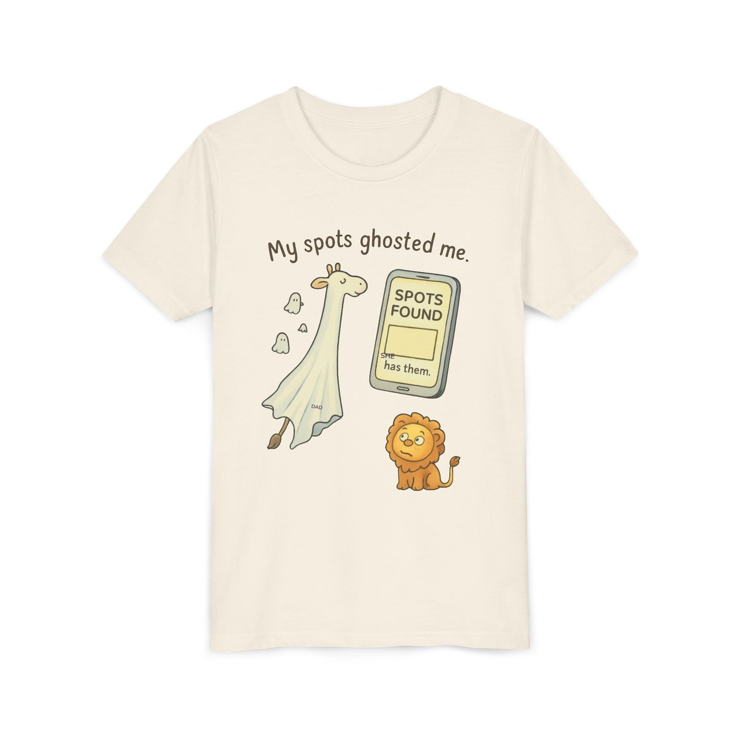 Whimsical Youth Tee - "My Spots Ghosted Me" Design, Funny Kids Shirt, Giraffe & Lion Graphic, Gift for Birthdays, Playdates, Animal Lovers