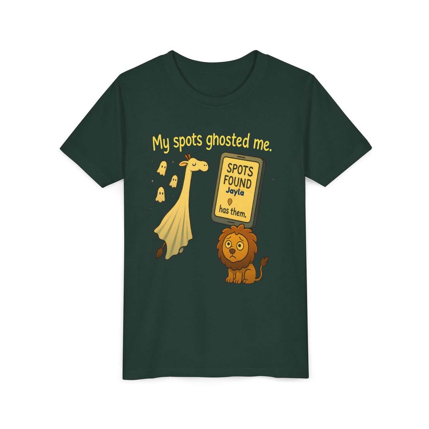 Copy of Whimsical Youth Tee - "My Spots Ghosted Me" Design, Funny Kids Shirt, Giraffe & Lion Graphic, Gift for Birthdays, Playdates, Animal Lovers
