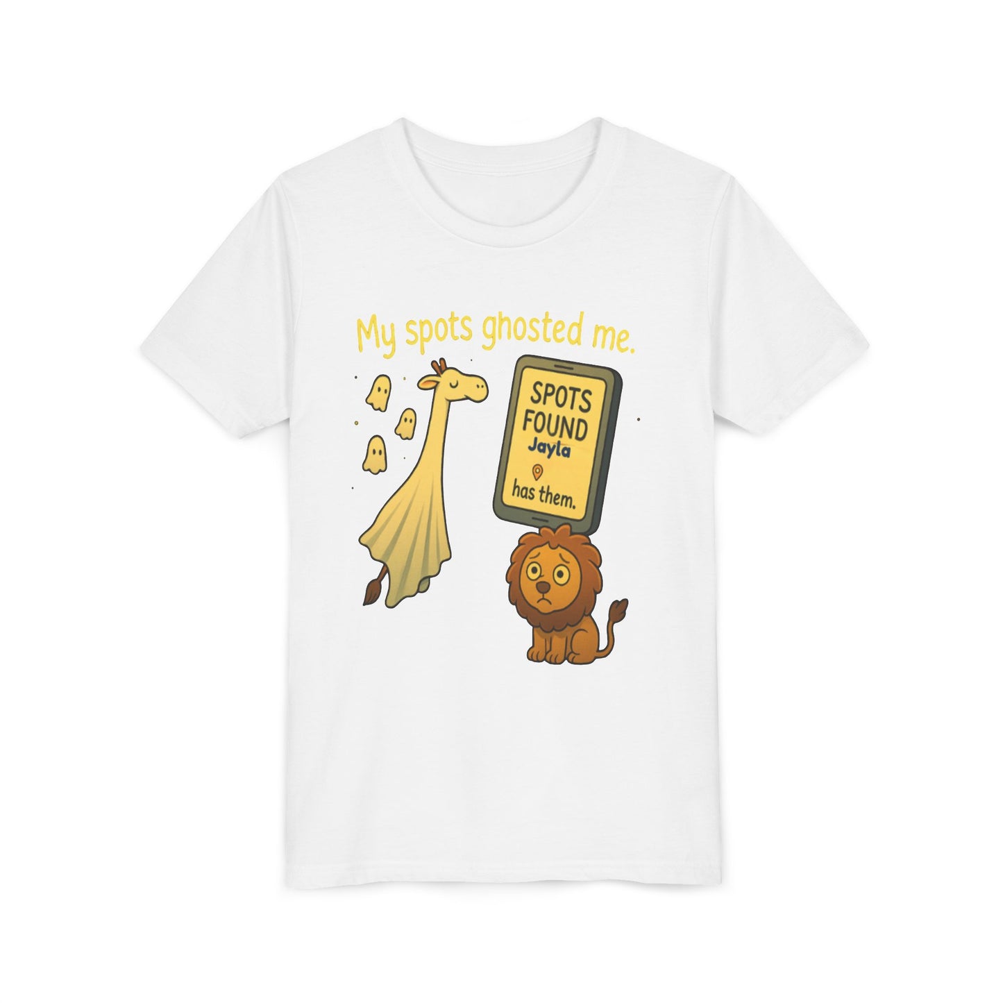 Copy of Whimsical Youth Tee - "My Spots Ghosted Me" Design, Funny Kids Shirt, Giraffe & Lion Graphic, Gift for Birthdays, Playdates, Animal Lovers