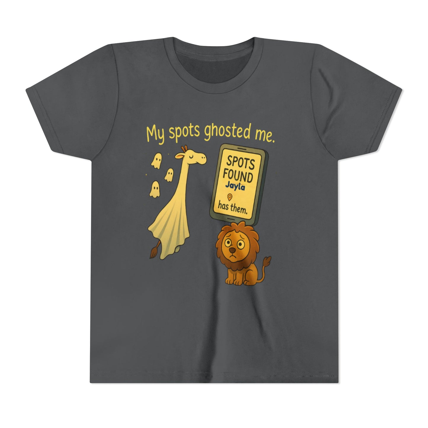 Copy of Whimsical Youth Tee - "My Spots Ghosted Me" Design, Funny Kids Shirt, Giraffe & Lion Graphic, Gift for Birthdays, Playdates, Animal Lovers