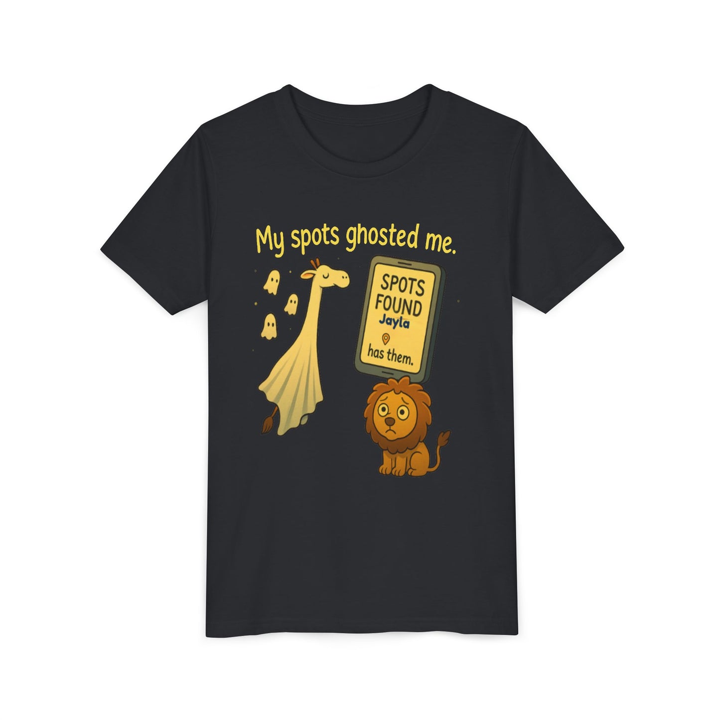 Copy of Whimsical Youth Tee - "My Spots Ghosted Me" Design, Funny Kids Shirt, Giraffe & Lion Graphic, Gift for Birthdays, Playdates, Animal Lovers