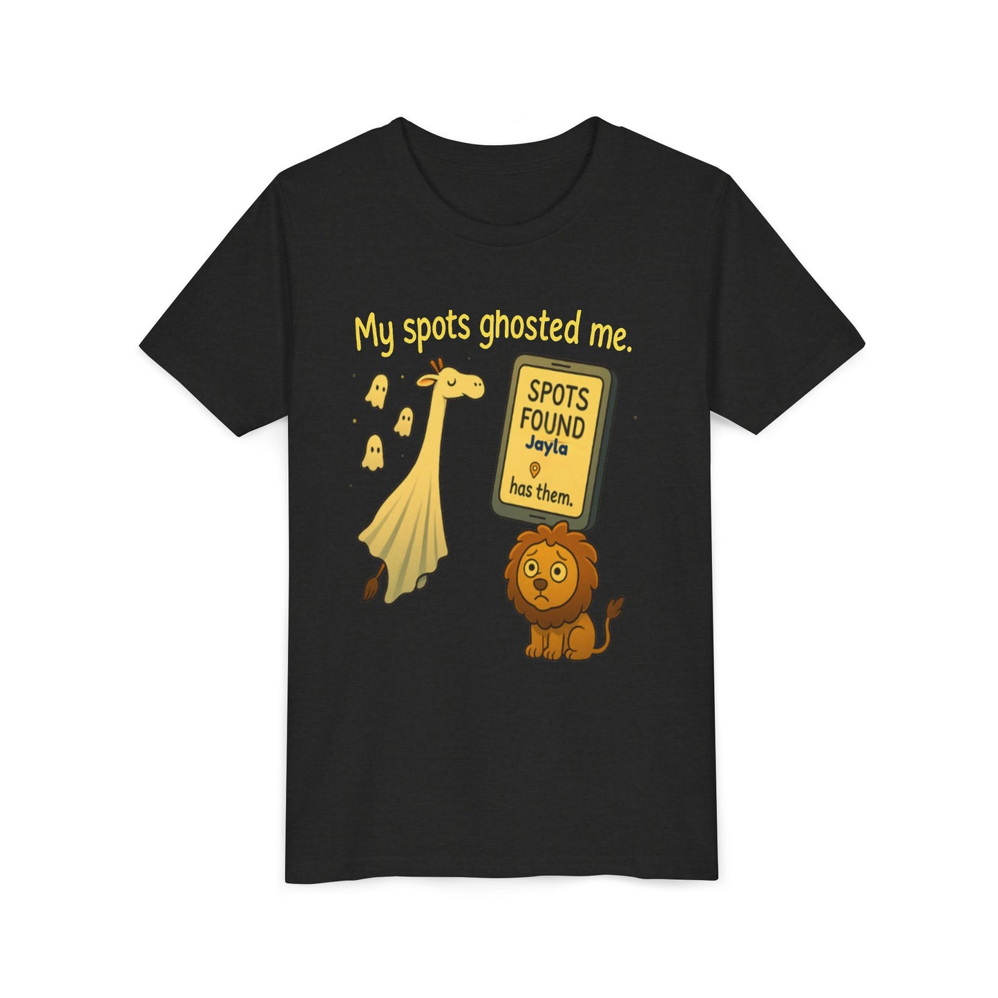 Copy of Whimsical Youth Tee - "My Spots Ghosted Me" Design, Funny Kids Shirt, Giraffe & Lion Graphic, Gift for Birthdays, Playdates, Animal Lovers