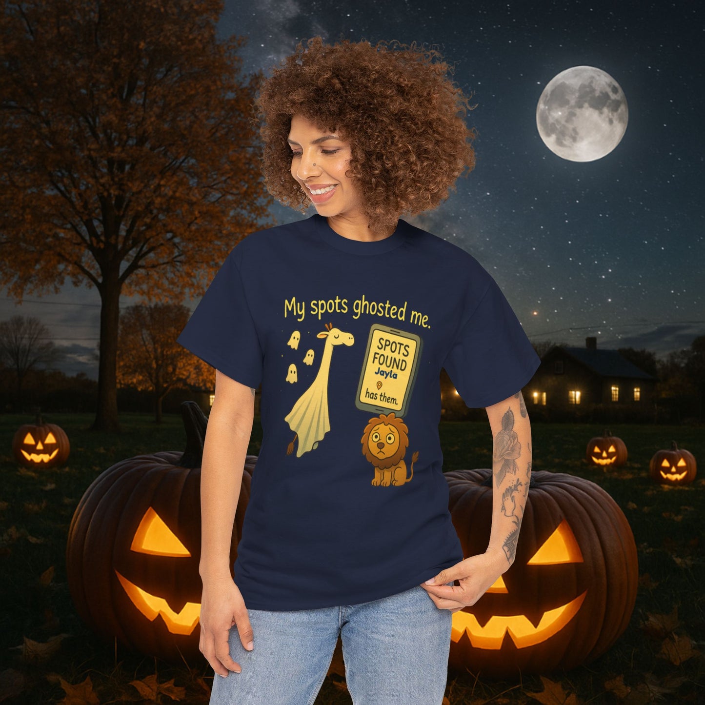 Ghosted Spots Unisex Tee, Funny T-Shirt, Halloween Shirt, Gift for Animal Lovers, Quirky Humor Apparel, Cute Lion Design