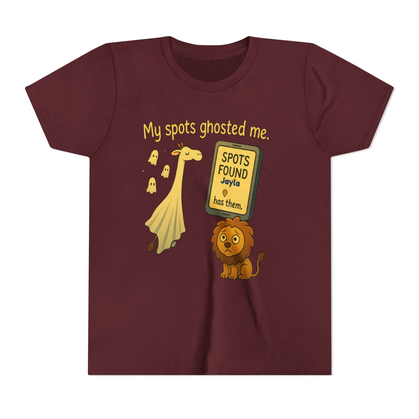 Copy of Whimsical Youth Tee - "My Spots Ghosted Me" Design, Funny Kids Shirt, Giraffe & Lion Graphic, Gift for Birthdays, Playdates, Animal Lovers