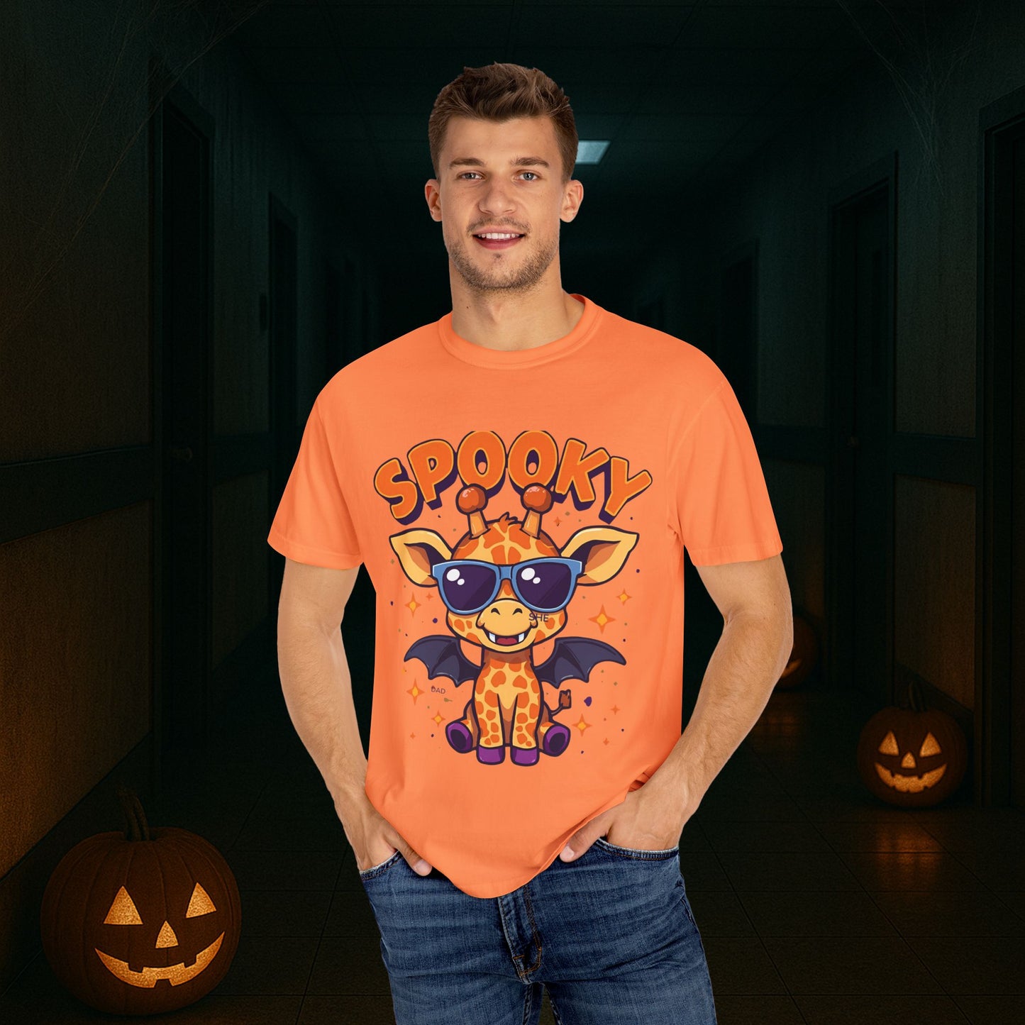 Spooky Giraffe Unisex Garment-Dyed T-Shirt | Fun Halloween Gift, Graphic Tee, Animal Lover Apparel, Casual Wear, Unique Halloween Shirt