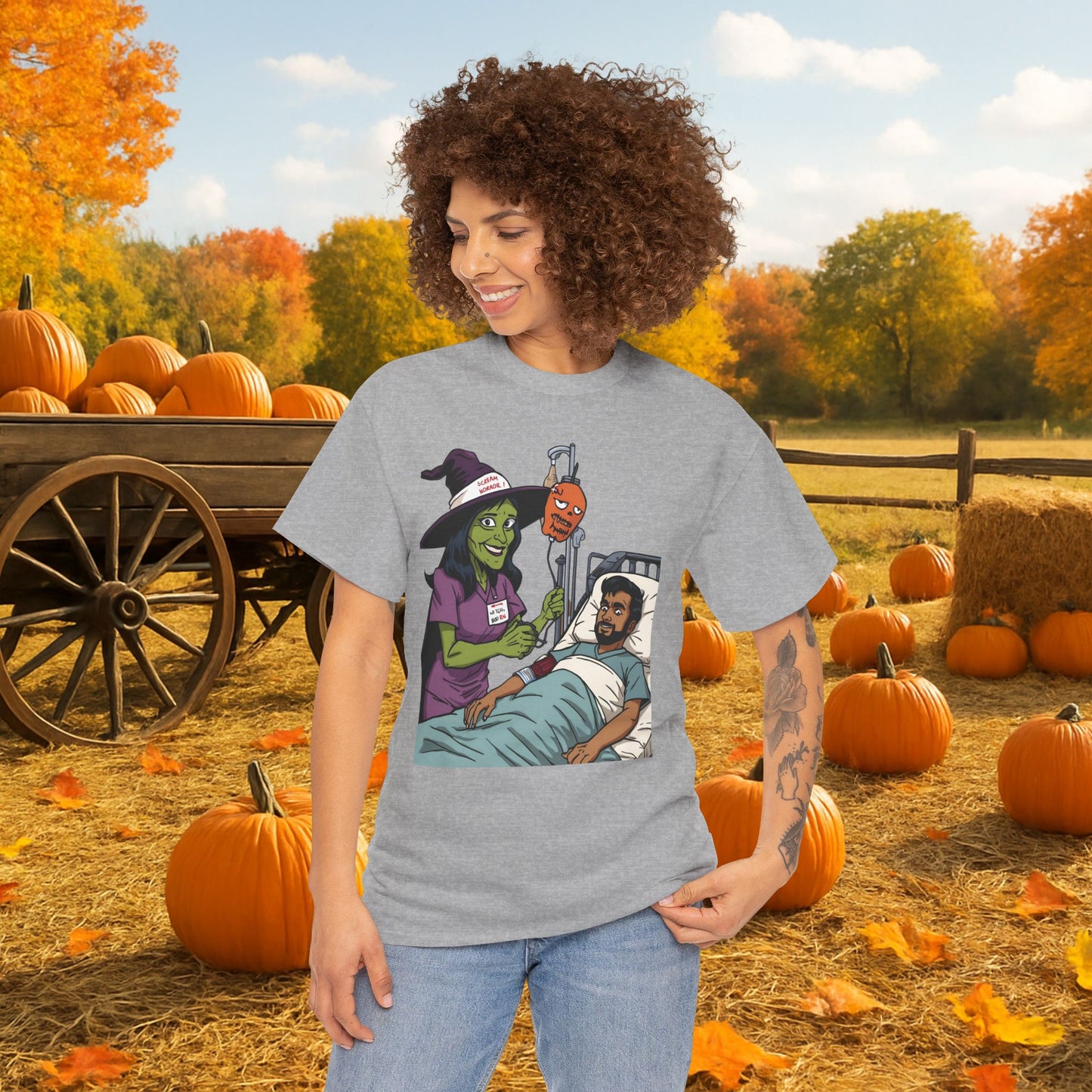 Spooky Halloween Tee, Unisex Cotton T-Shirt, Funny Graphic Shirt for Halloween, Casual Wear, Fall Festival Outfit, Unique Gift Idea, Nurse Witch