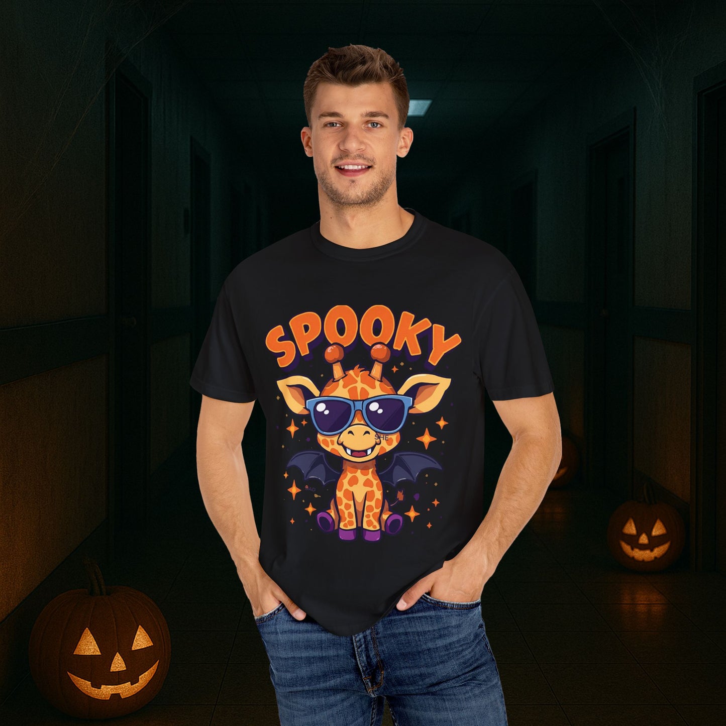 Spooky Giraffe Unisex Garment-Dyed T-Shirt | Fun Halloween Gift, Graphic Tee, Animal Lover Apparel, Casual Wear, Unique Halloween Shirt