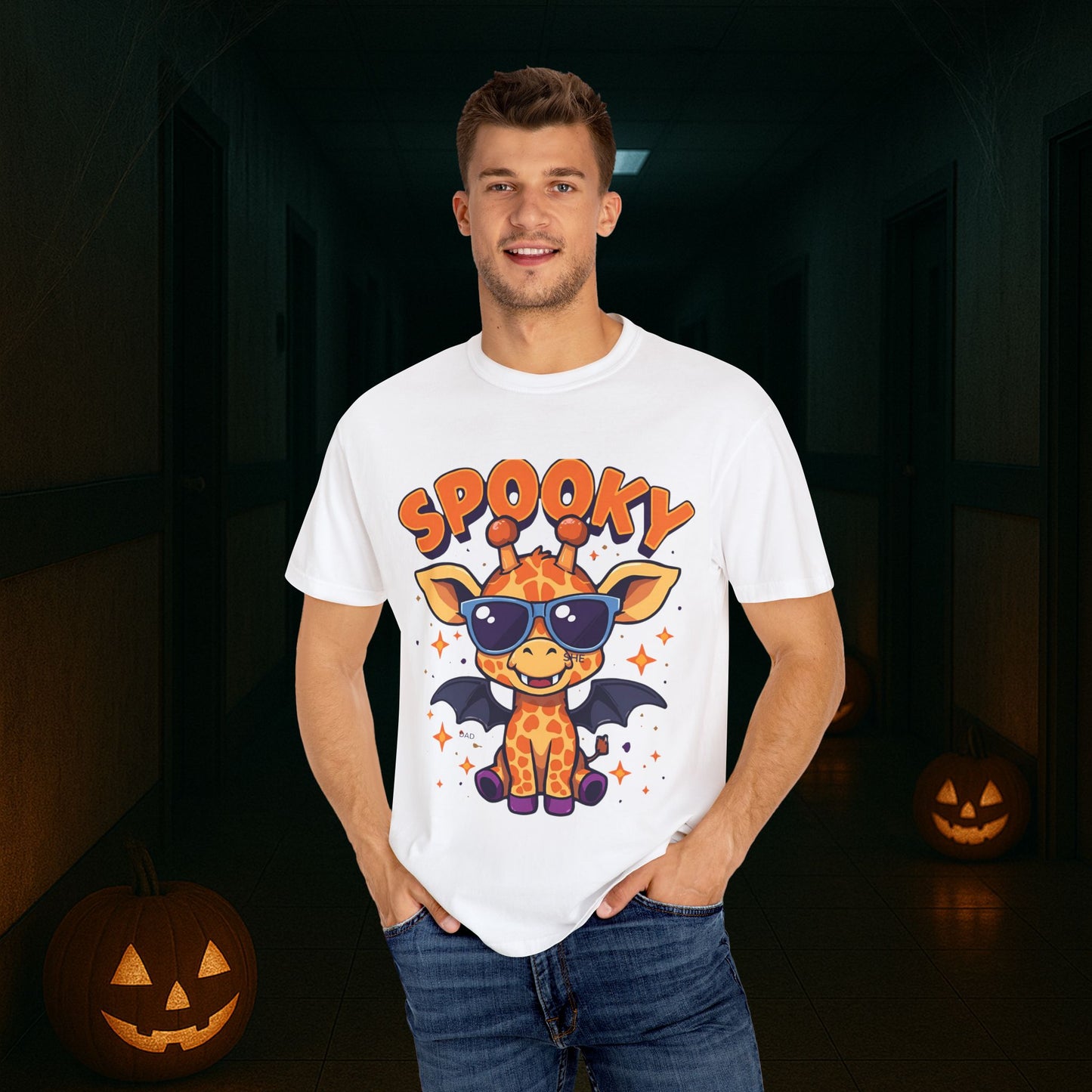 Spooky Giraffe Unisex Garment-Dyed T-Shirt | Fun Halloween Gift, Graphic Tee, Animal Lover Apparel, Casual Wear, Unique Halloween Shirt