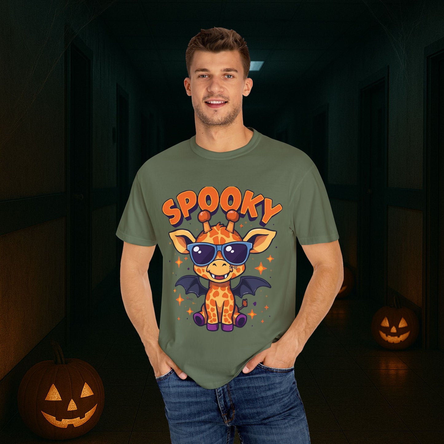 Spooky Giraffe Unisex Garment-Dyed T-Shirt | Fun Halloween Gift, Graphic Tee, Animal Lover Apparel, Casual Wear, Unique Halloween Shirt