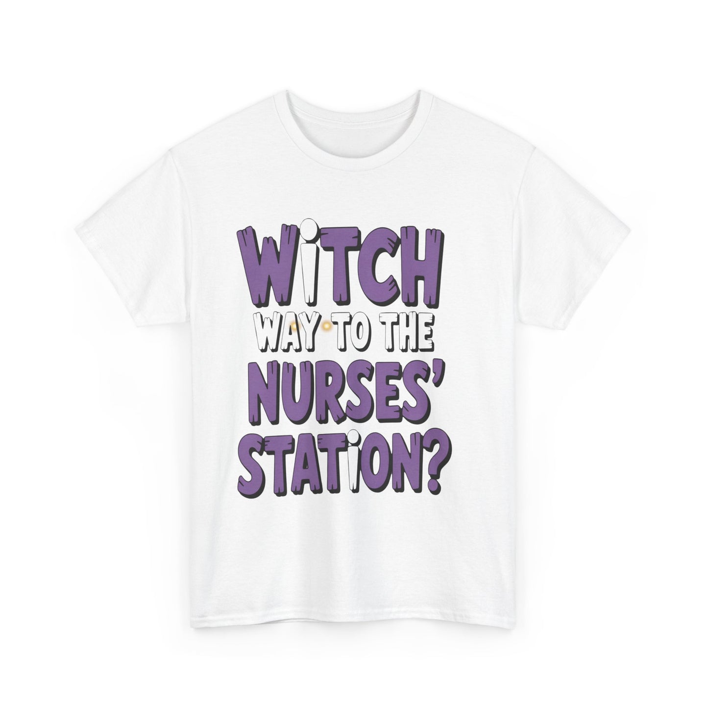 Witch Way to the Nurses' Station? Unisex Heavy Cotton Tee | Fun Nursing Tee, Halloween T-Shirt, Medical Staff Gift, Nurse Appreciation