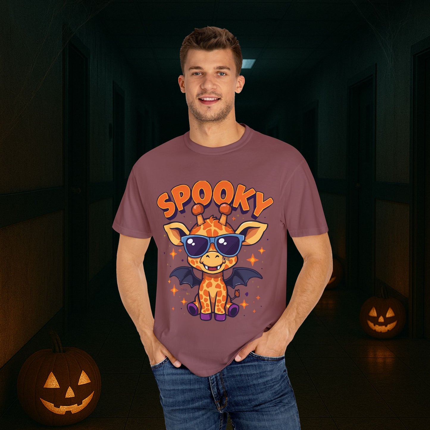 Spooky Giraffe Unisex Garment-Dyed T-Shirt | Fun Halloween Gift, Graphic Tee, Animal Lover Apparel, Casual Wear, Unique Halloween Shirt