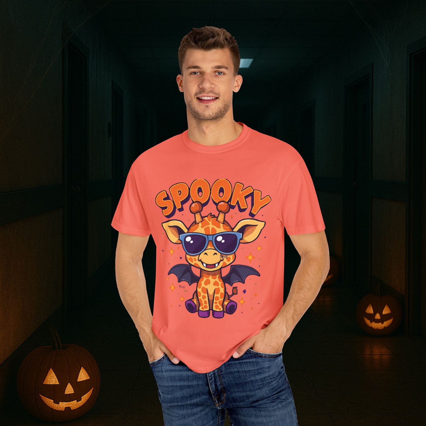 Spooky Giraffe Unisex Garment-Dyed T-Shirt | Fun Halloween Gift, Graphic Tee, Animal Lover Apparel, Casual Wear, Unique Halloween Shirt