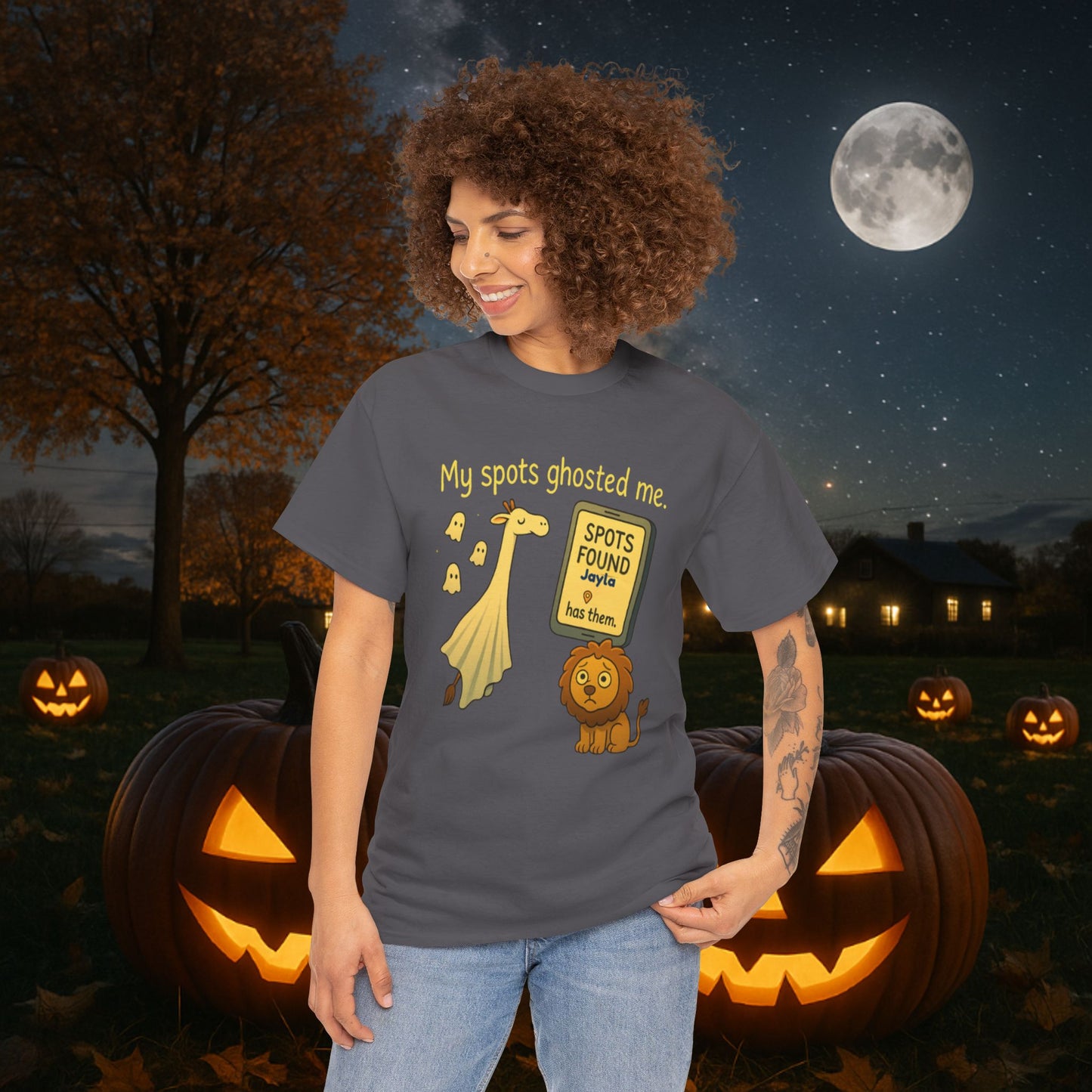 Ghosted Spots Unisex Tee, Funny T-Shirt, Halloween Shirt, Gift for Animal Lovers, Quirky Humor Apparel, Cute Lion Design