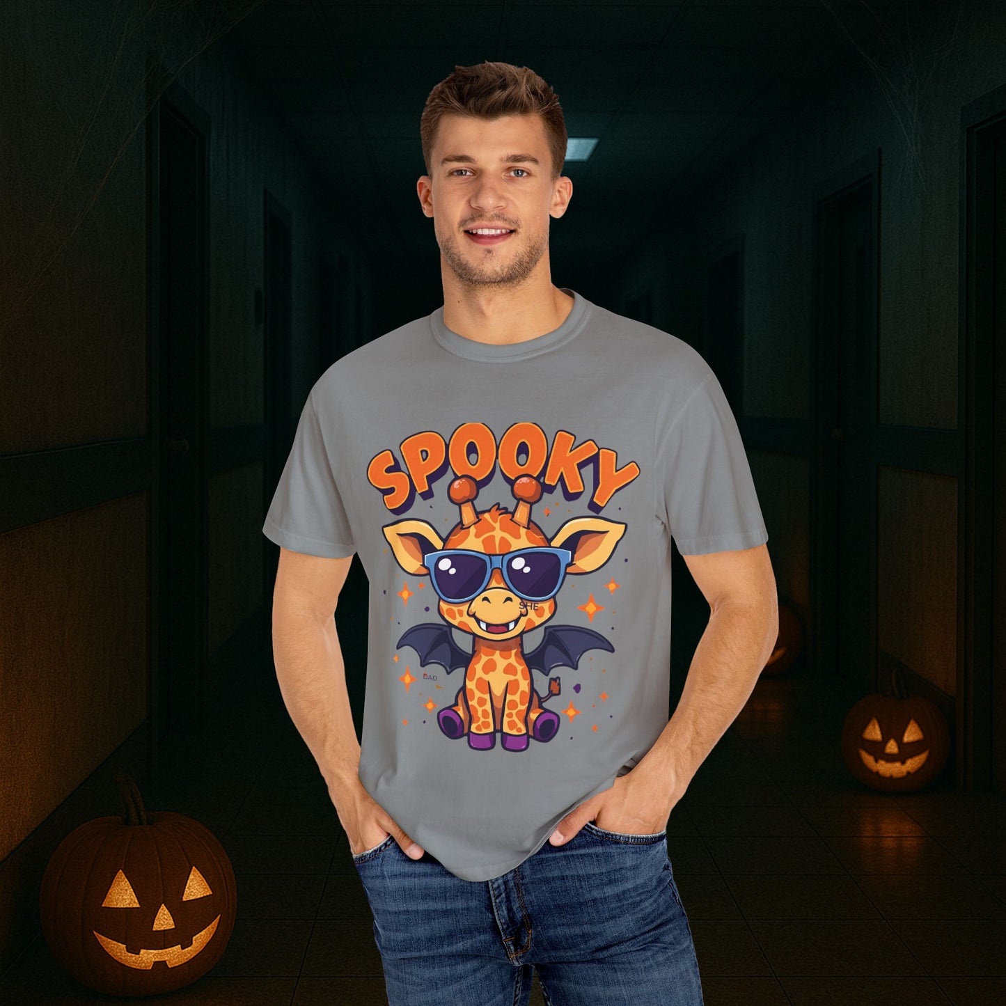 Spooky Giraffe Unisex Garment-Dyed T-Shirt | Fun Halloween Gift, Graphic Tee, Animal Lover Apparel, Casual Wear, Unique Halloween Shirt