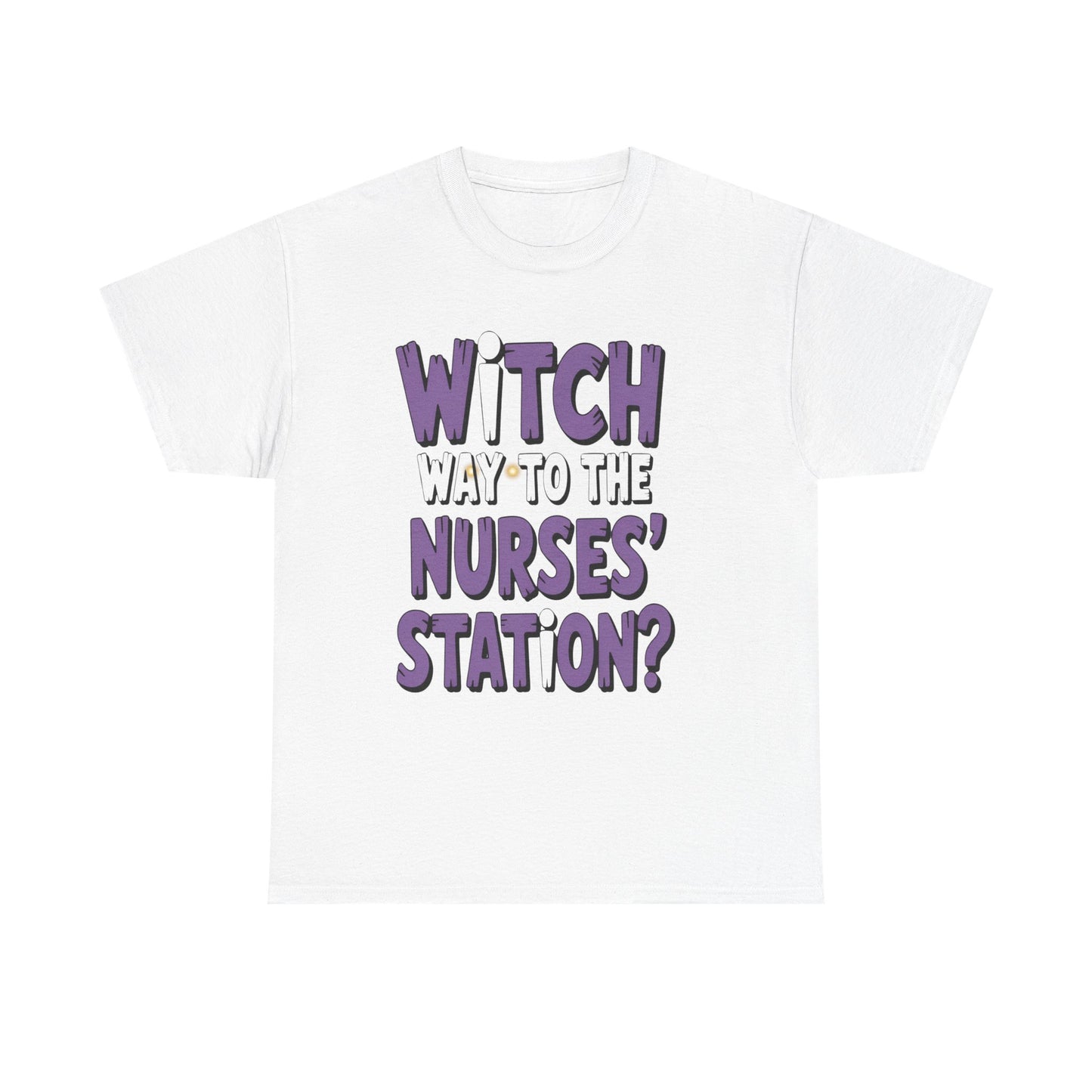 Witch Way to the Nurses' Station? Unisex Heavy Cotton Tee | Fun Nursing Tee, Halloween T-Shirt, Medical Staff Gift, Nurse Appreciation