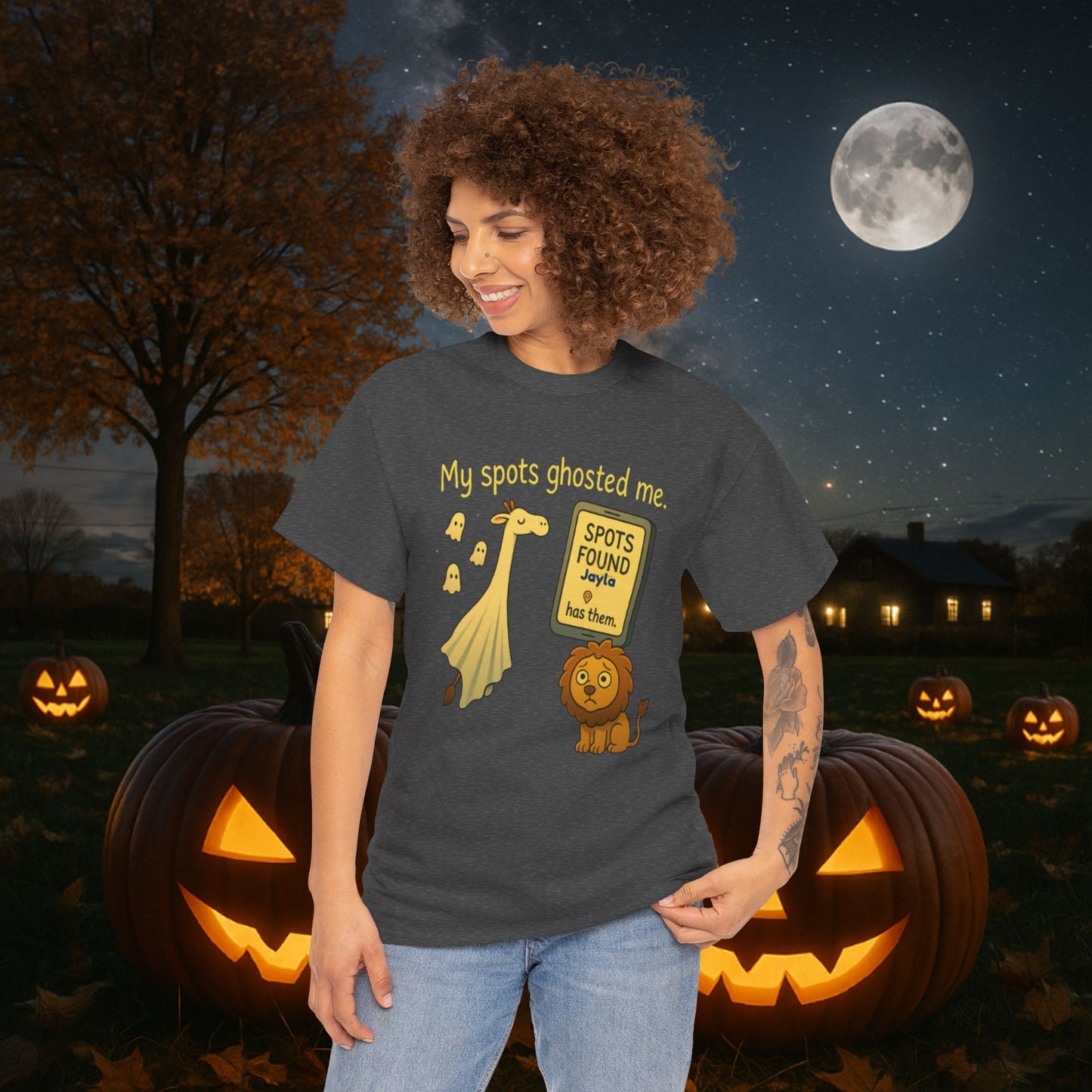 Ghosted Spots Unisex Tee, Funny T-Shirt, Halloween Shirt, Gift for Animal Lovers, Quirky Humor Apparel, Cute Lion Design