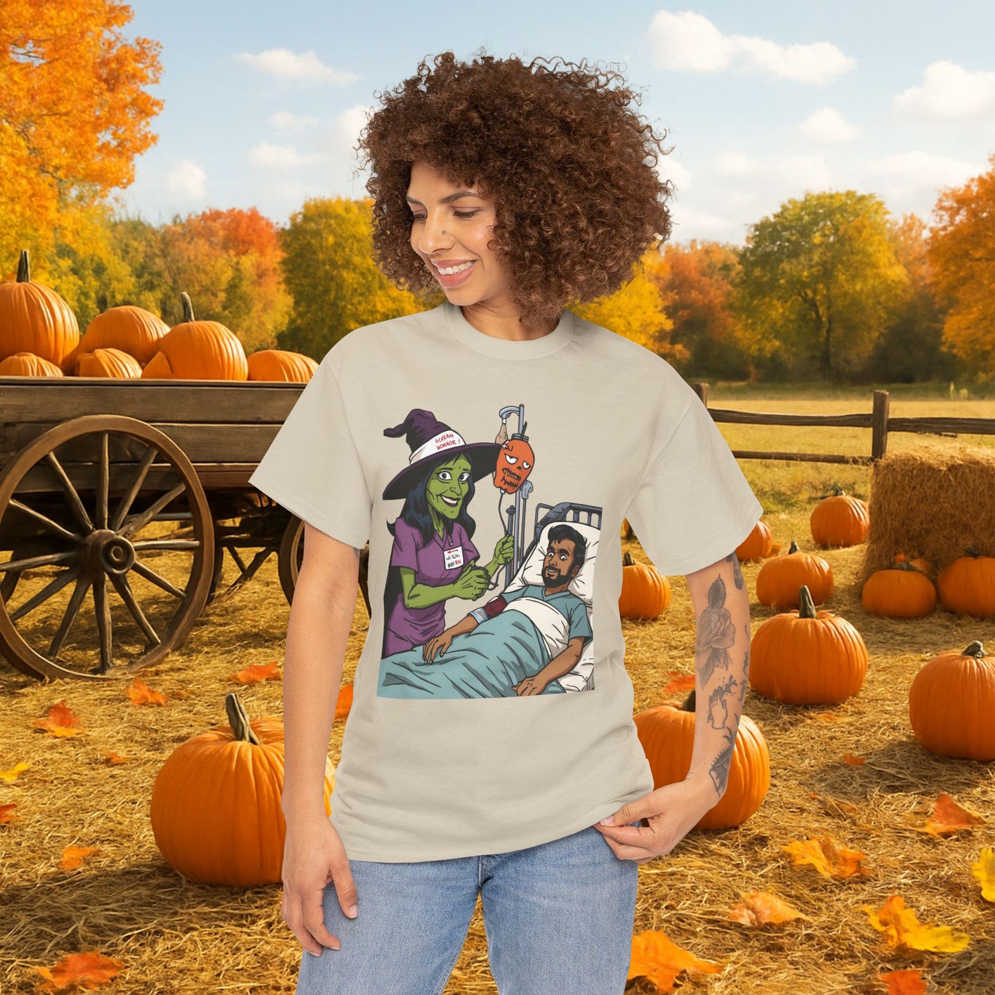 Spooky Halloween Tee, Unisex Cotton T-Shirt, Funny Graphic Shirt for Halloween, Casual Wear, Fall Festival Outfit, Unique Gift Idea, Nurse Witch