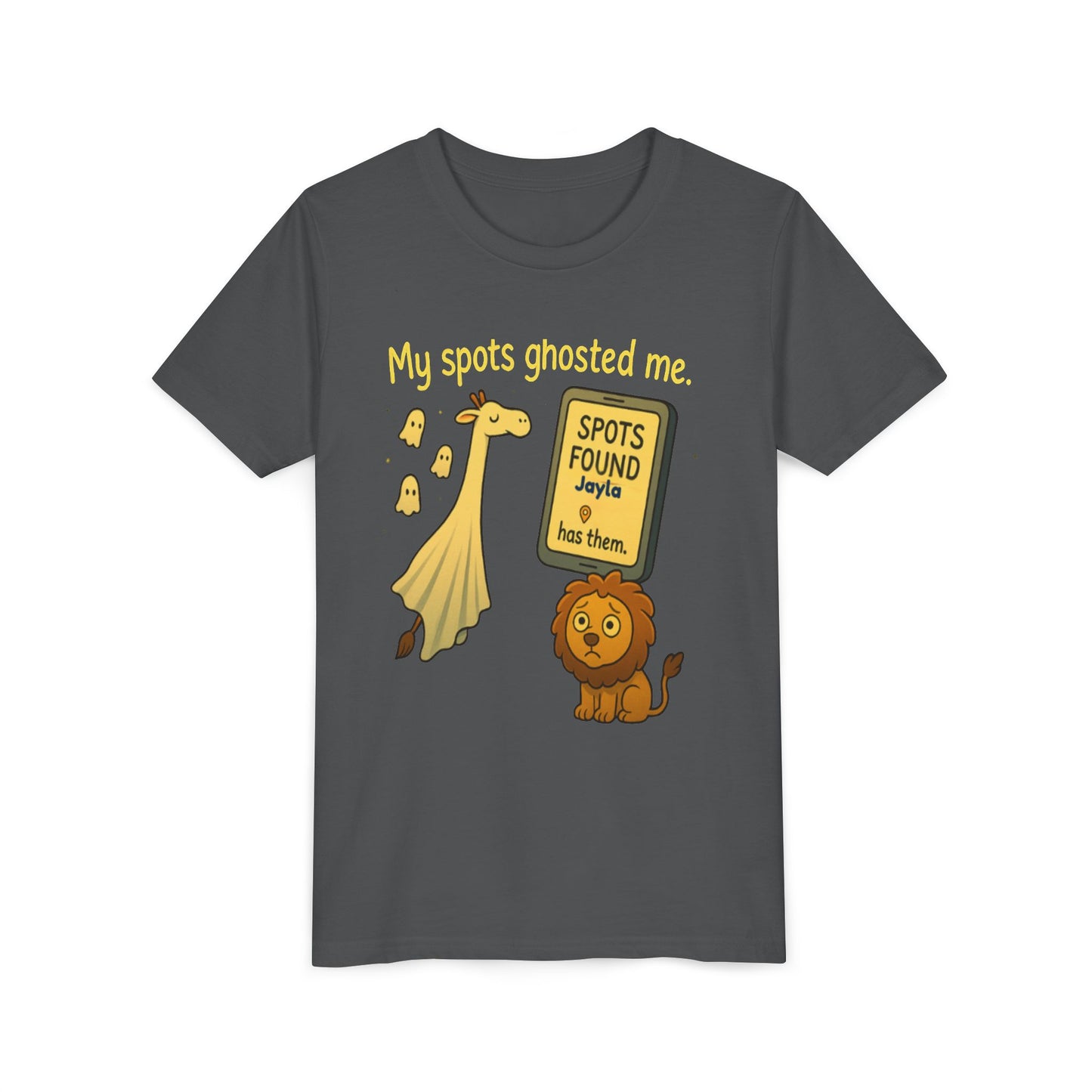 Copy of Whimsical Youth Tee - "My Spots Ghosted Me" Design, Funny Kids Shirt, Giraffe & Lion Graphic, Gift for Birthdays, Playdates, Animal Lovers