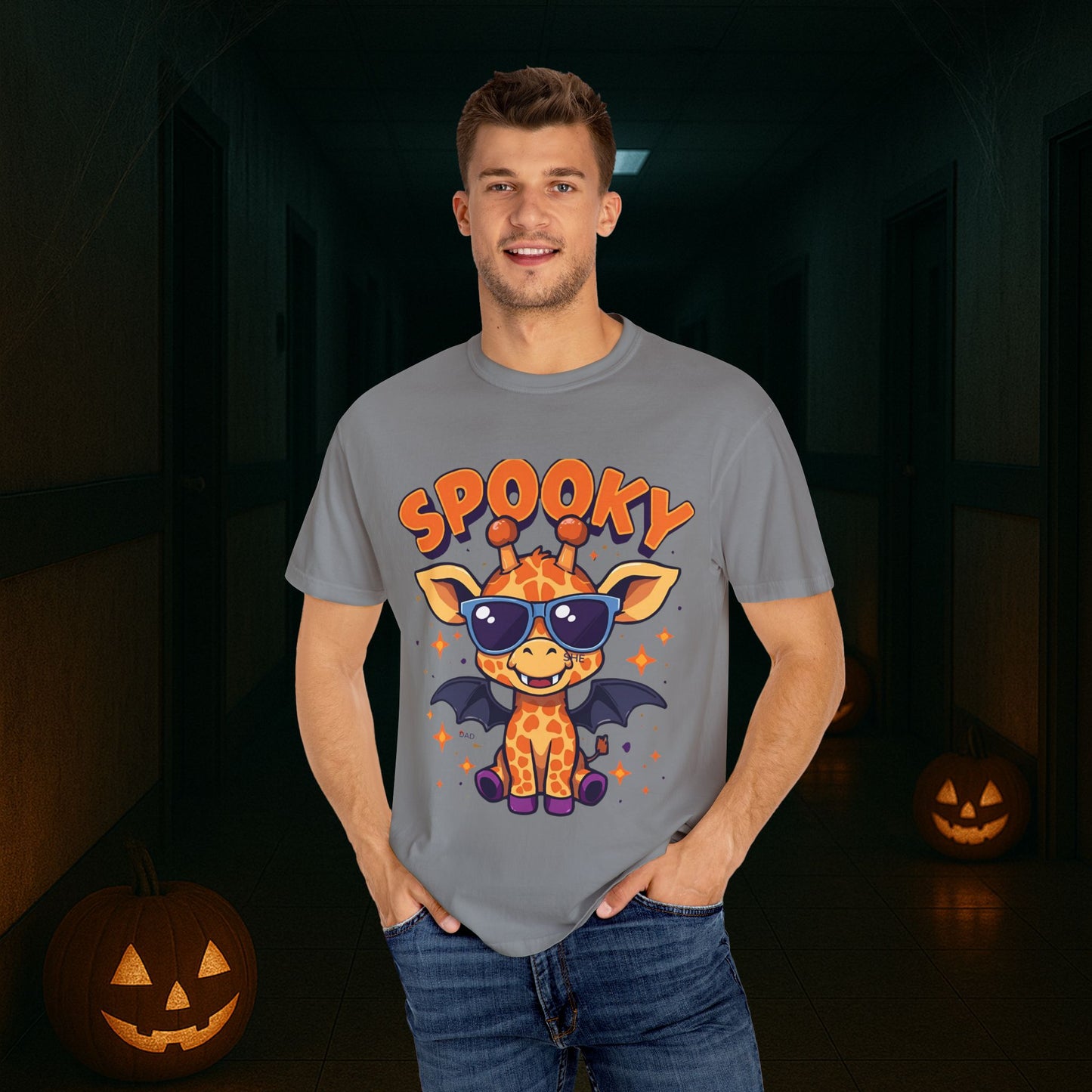 Spooky Giraffe Unisex Garment-Dyed T-Shirt | Fun Halloween Gift, Graphic Tee, Animal Lover Apparel, Casual Wear, Unique Halloween Shirt