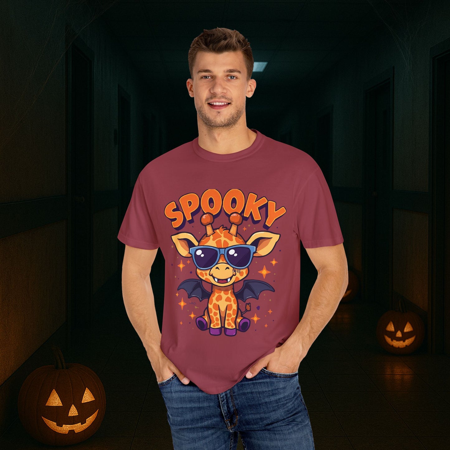 Spooky Giraffe Unisex Garment-Dyed T-Shirt | Fun Halloween Gift, Graphic Tee, Animal Lover Apparel, Casual Wear, Unique Halloween Shirt