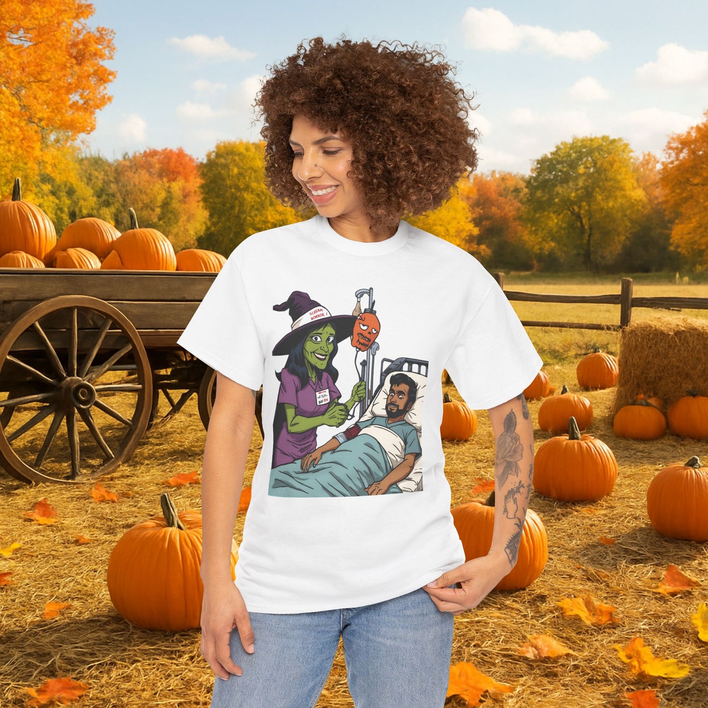 Spooky Halloween Tee, Unisex Cotton T-Shirt, Funny Graphic Shirt for Halloween, Casual Wear, Fall Festival Outfit, Unique Gift Idea, Nurse Witch