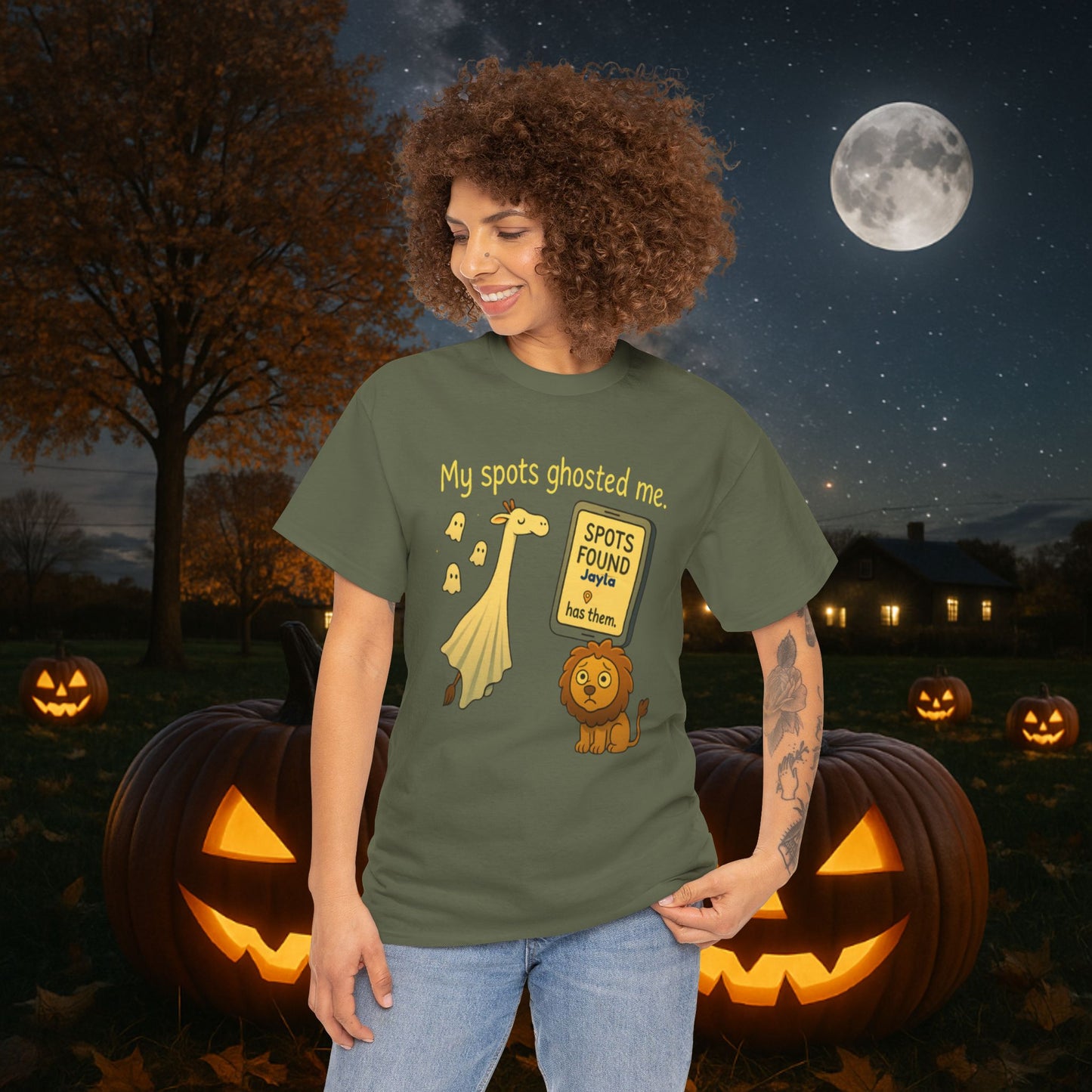 Ghosted Spots Unisex Tee, Funny T-Shirt, Halloween Shirt, Gift for Animal Lovers, Quirky Humor Apparel, Cute Lion Design