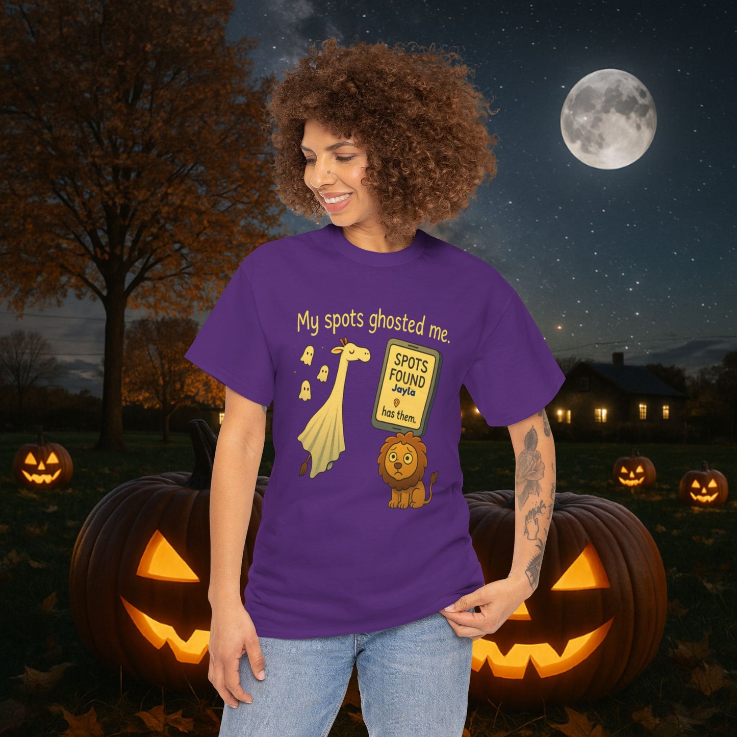 Ghosted Spots Unisex Tee, Funny T-Shirt, Halloween Shirt, Gift for Animal Lovers, Quirky Humor Apparel, Cute Lion Design