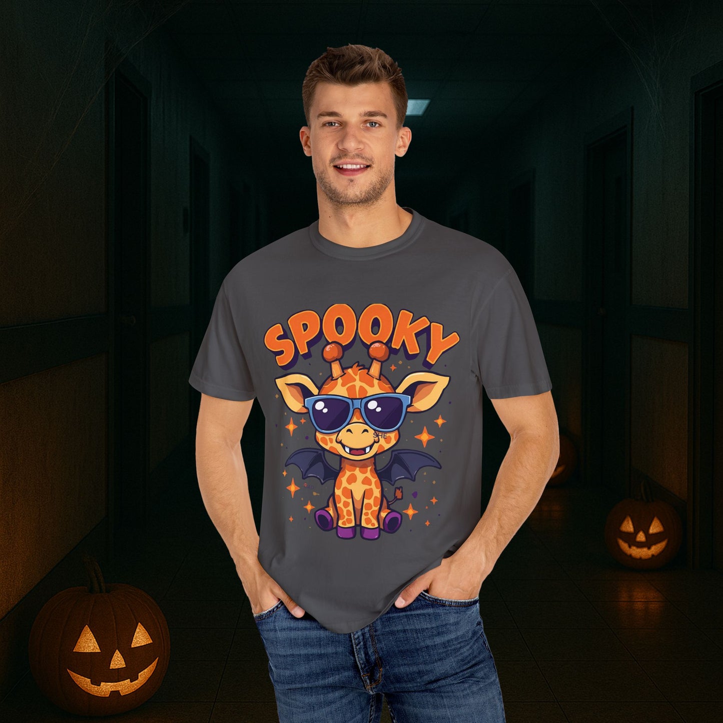 Spooky Giraffe Unisex Garment-Dyed T-Shirt | Fun Halloween Gift, Graphic Tee, Animal Lover Apparel, Casual Wear, Unique Halloween Shirt