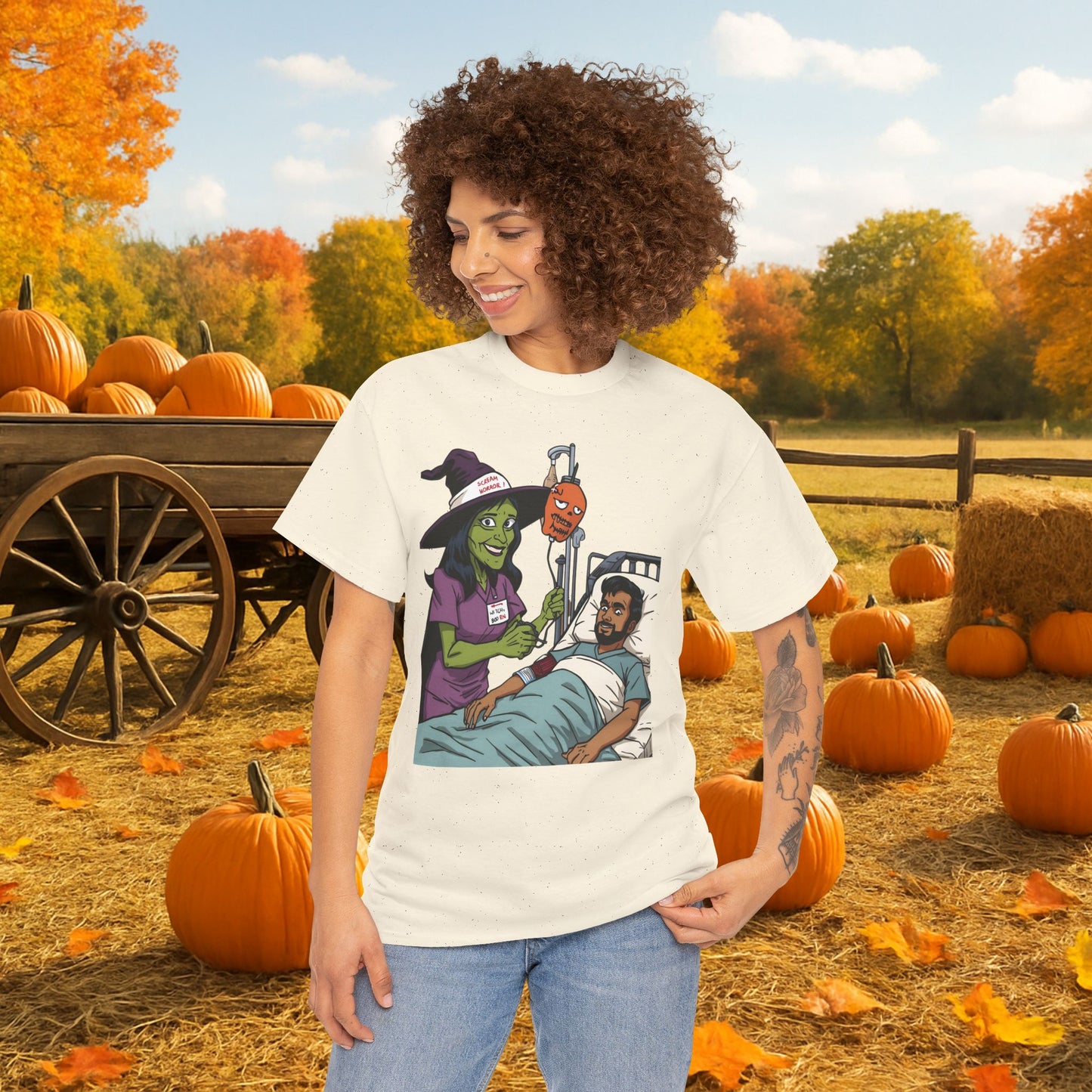 Spooky Halloween Tee, Unisex Cotton T-Shirt, Funny Graphic Shirt for Halloween, Casual Wear, Fall Festival Outfit, Unique Gift Idea, Nurse Witch