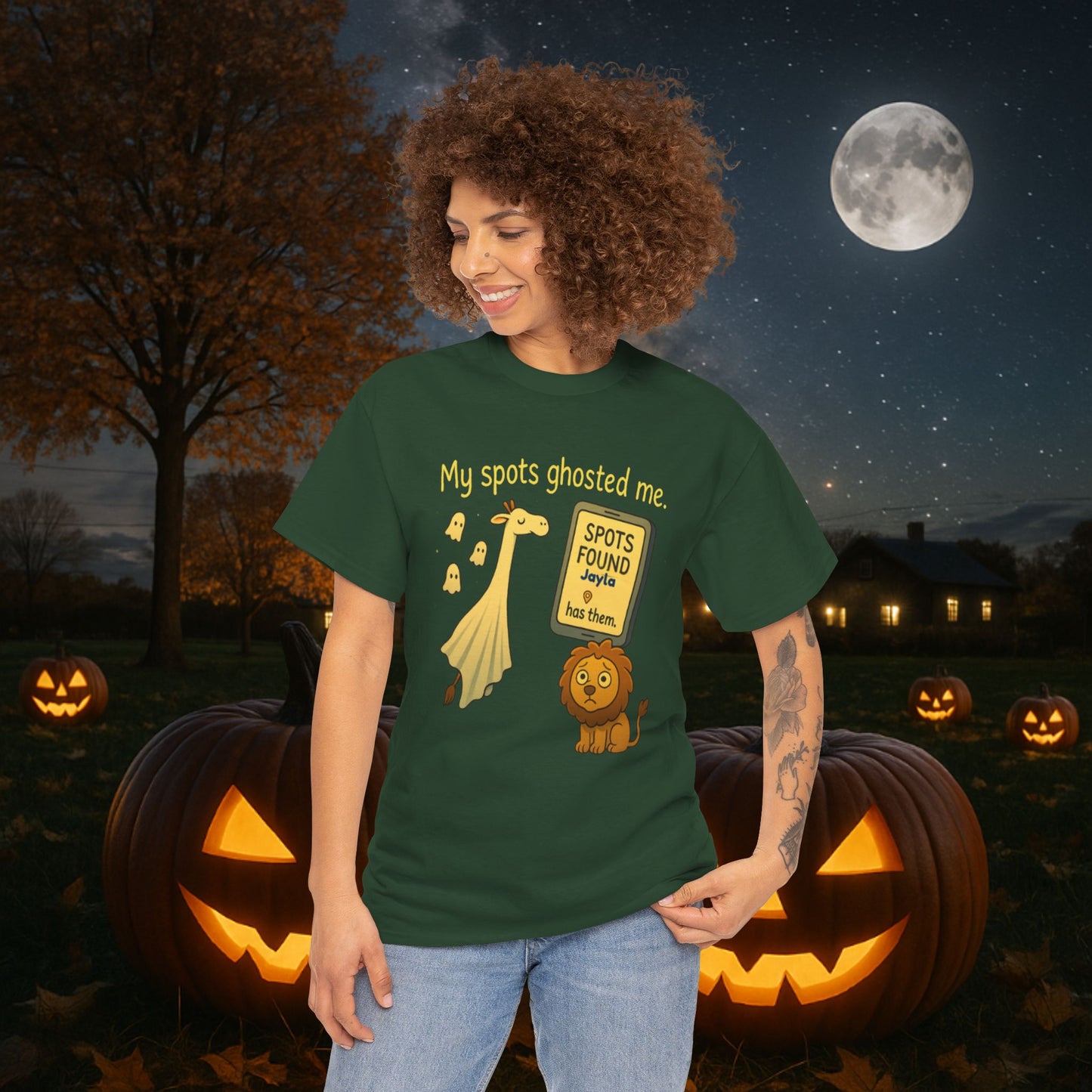 Ghosted Spots Unisex Tee, Funny T-Shirt, Halloween Shirt, Gift for Animal Lovers, Quirky Humor Apparel, Cute Lion Design