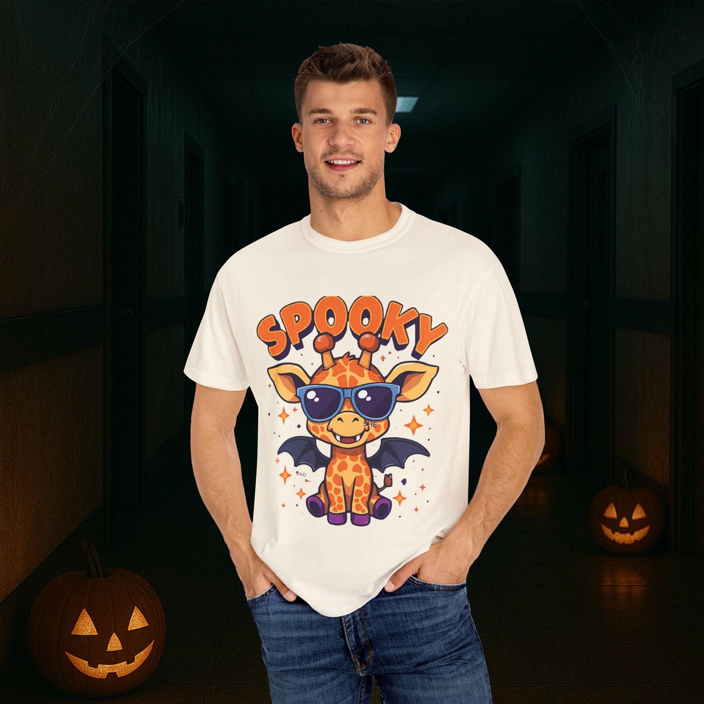 Spooky Giraffe Unisex Garment-Dyed T-Shirt | Fun Halloween Gift, Graphic Tee, Animal Lover Apparel, Casual Wear, Unique Halloween Shirt