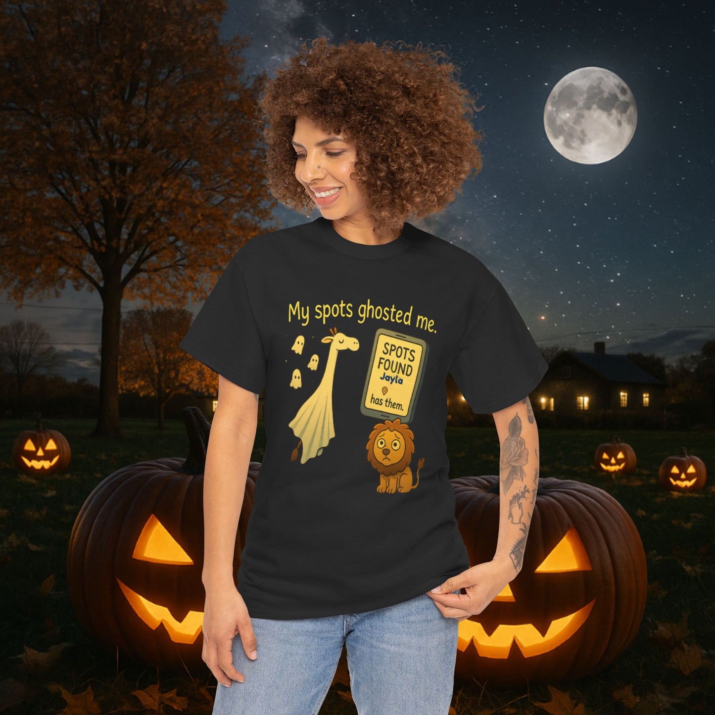 Ghosted Spots Unisex Tee, Funny T-Shirt, Halloween Shirt, Gift for Animal Lovers, Quirky Humor Apparel, Cute Lion Design