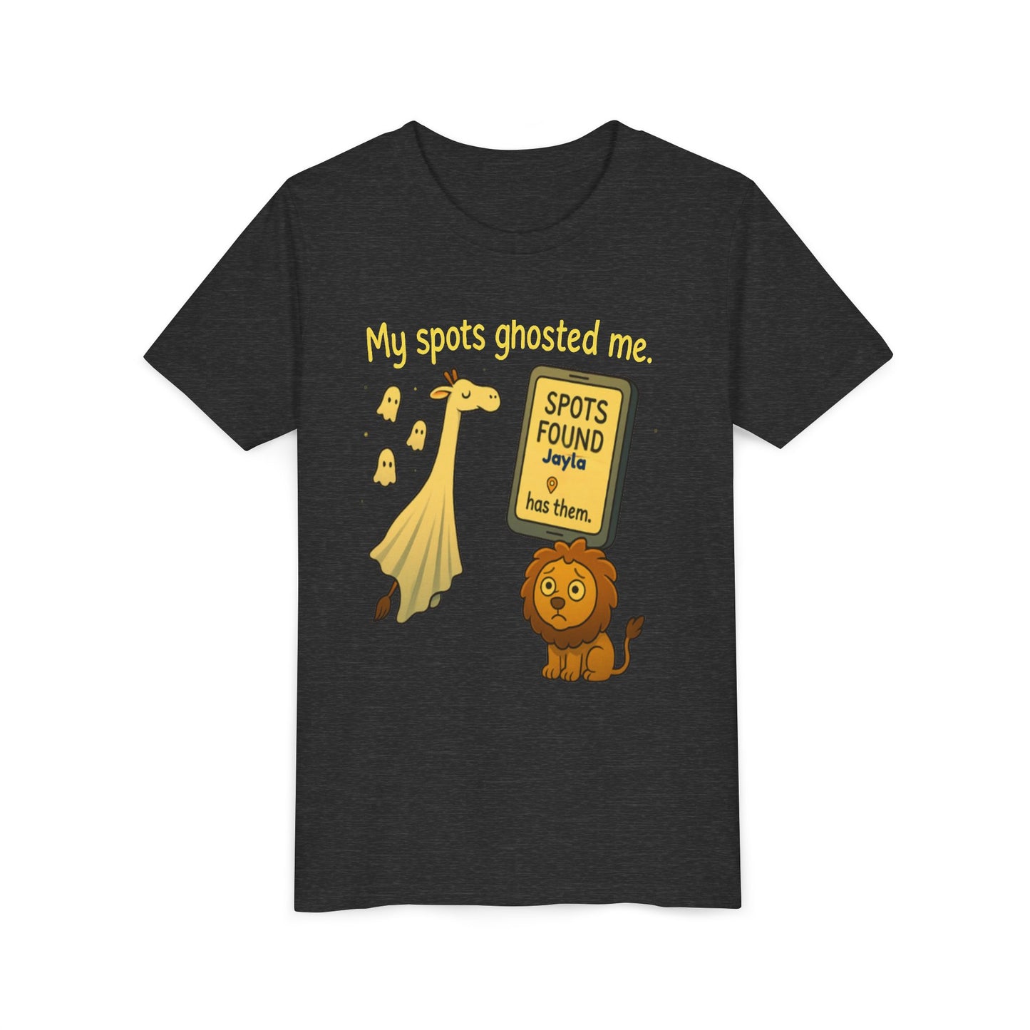 Copy of Whimsical Youth Tee - "My Spots Ghosted Me" Design, Funny Kids Shirt, Giraffe & Lion Graphic, Gift for Birthdays, Playdates, Animal Lovers