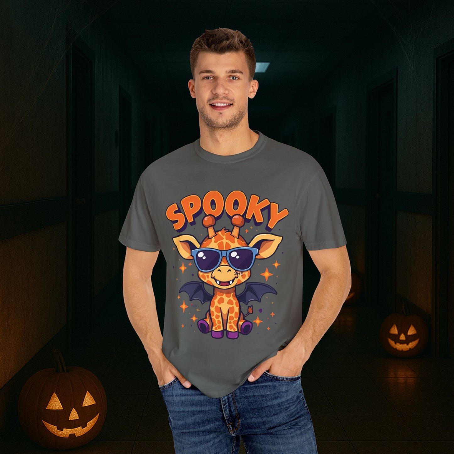 Spooky Giraffe Unisex Garment-Dyed T-Shirt | Fun Halloween Gift, Graphic Tee, Animal Lover Apparel, Casual Wear, Unique Halloween Shirt