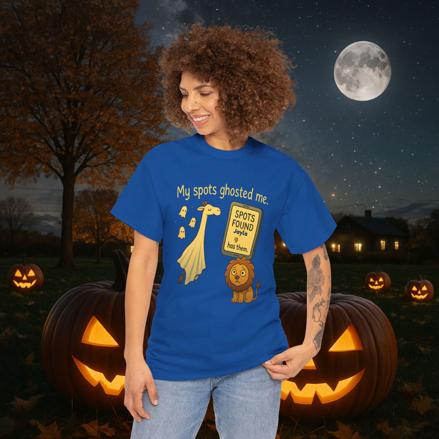 Ghosted Spots Unisex Tee, Funny T-Shirt, Halloween Shirt, Gift for Animal Lovers, Quirky Humor Apparel, Cute Lion Design