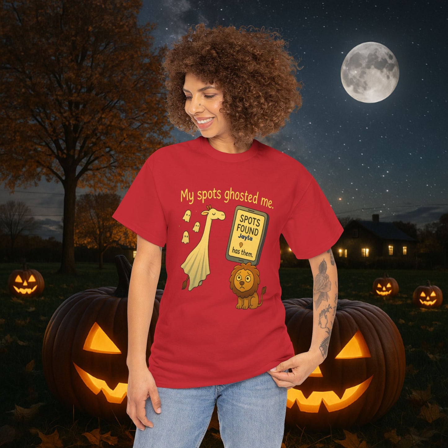 Ghosted Spots Unisex Tee, Funny T-Shirt, Halloween Shirt, Gift for Animal Lovers, Quirky Humor Apparel, Cute Lion Design