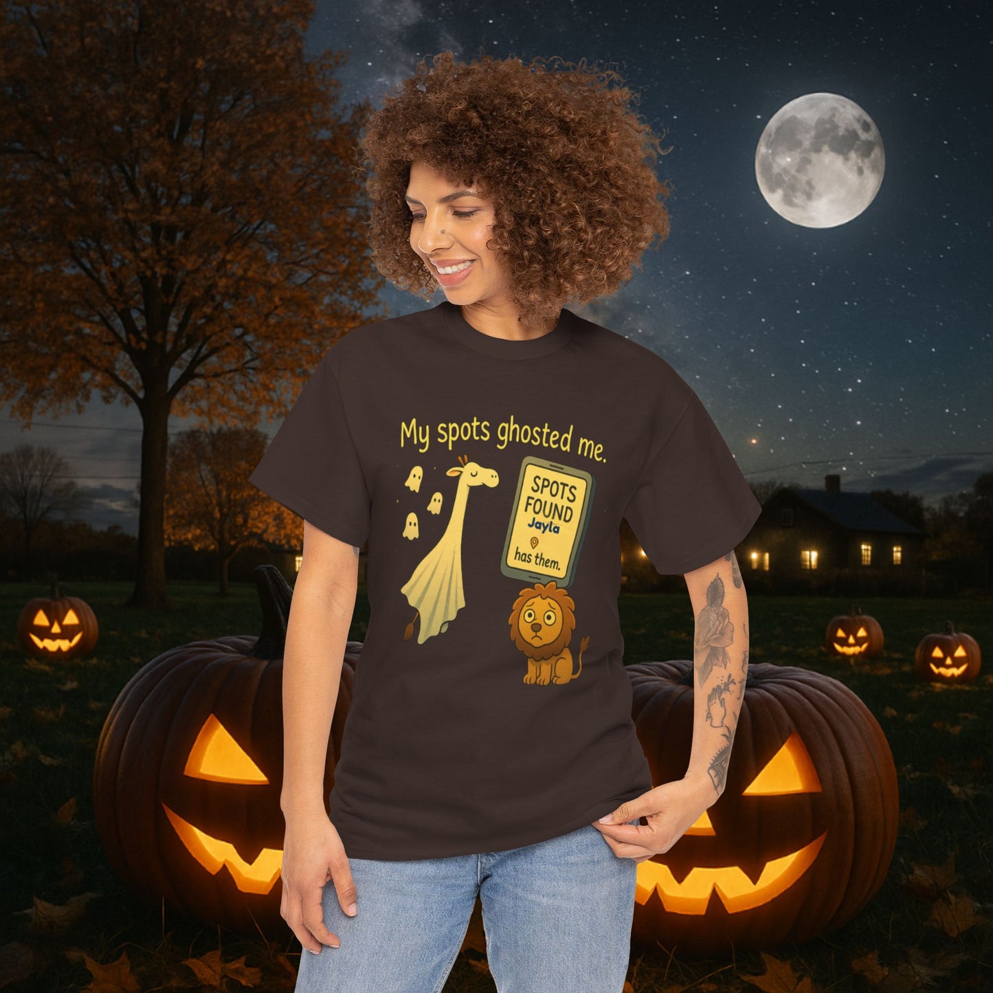 Ghosted Spots Unisex Tee, Funny T-Shirt, Halloween Shirt, Gift for Animal Lovers, Quirky Humor Apparel, Cute Lion Design